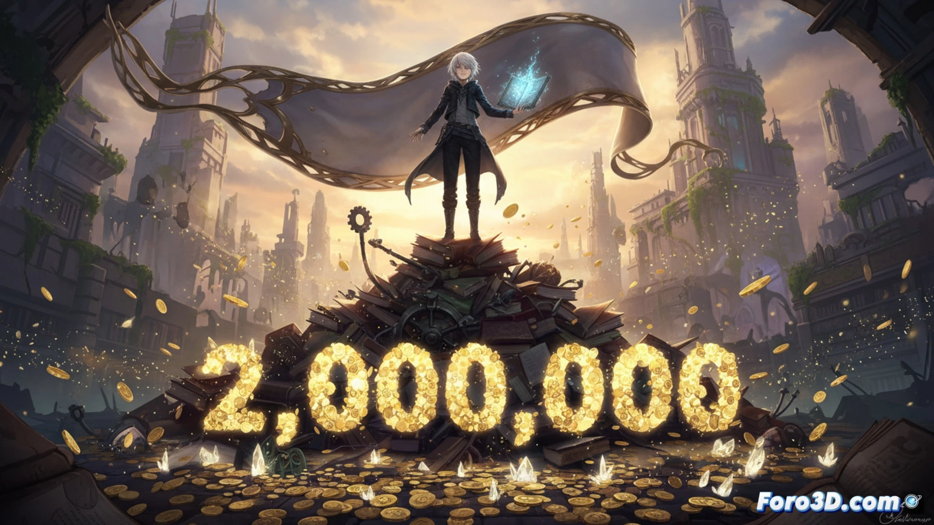 Un joven con espada plateada y cabello blanco, de pie sobre libros flotantes, con el número 