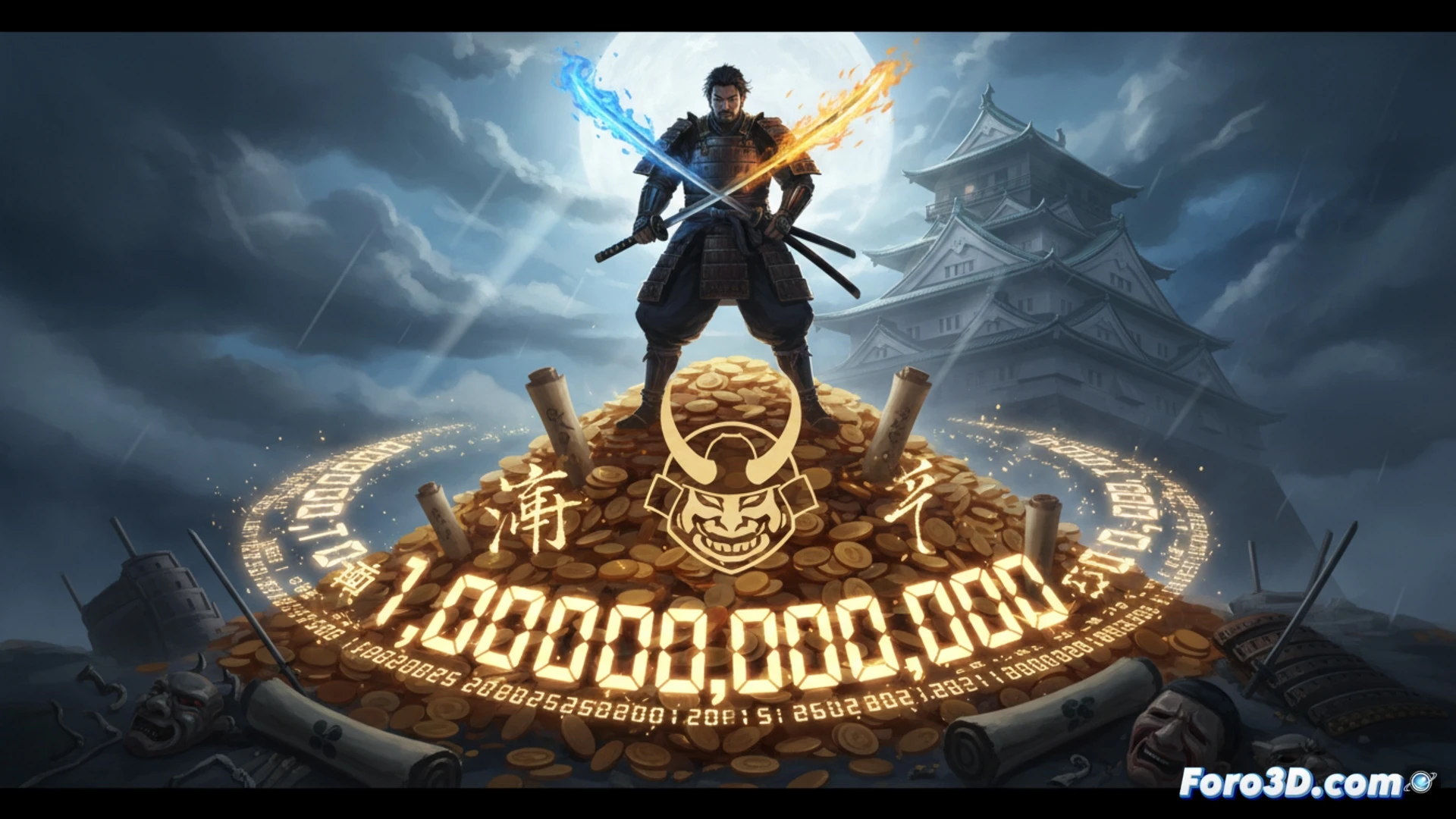Un samurái de Nioh 3, con armadura y espada brillante, se alza sobre una montaña de copias del juego que forman el número 