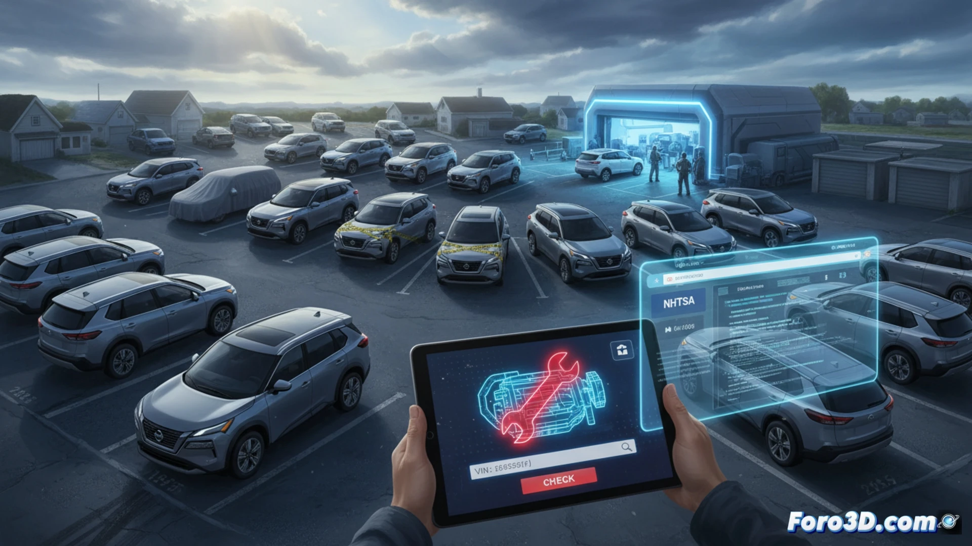 Un técnico conecta una computadora a un Nissan Rogue en un taller, mientras en pantalla se muestra un mensaje de Actualización de Software ECM.