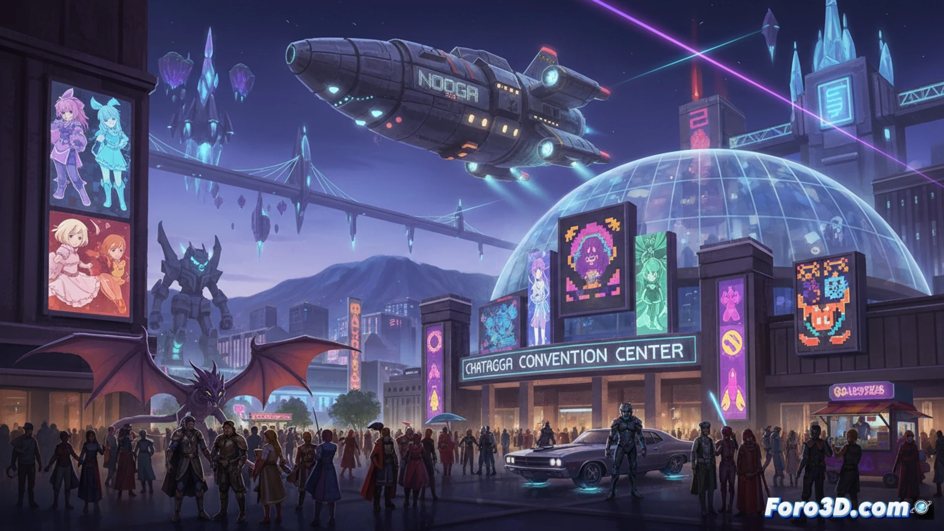 Una multitud colorida de cosplayers de fantasía y ciencia ficción llena el luminoso vestíbulo del centro de convenciones, entre stands de cómics y carteles de videojuegos.