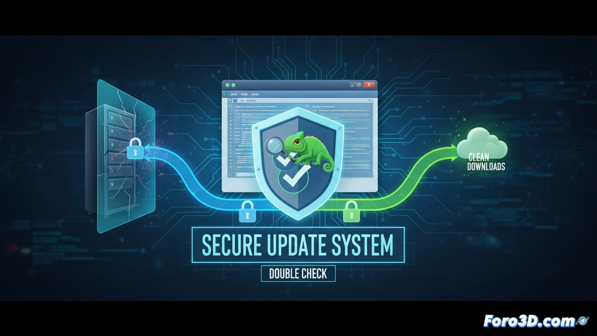 Notepad++ muestra un cuadro de diálogo de actualización con dos sellos de verificación y un candado, sobre un fondo de código.