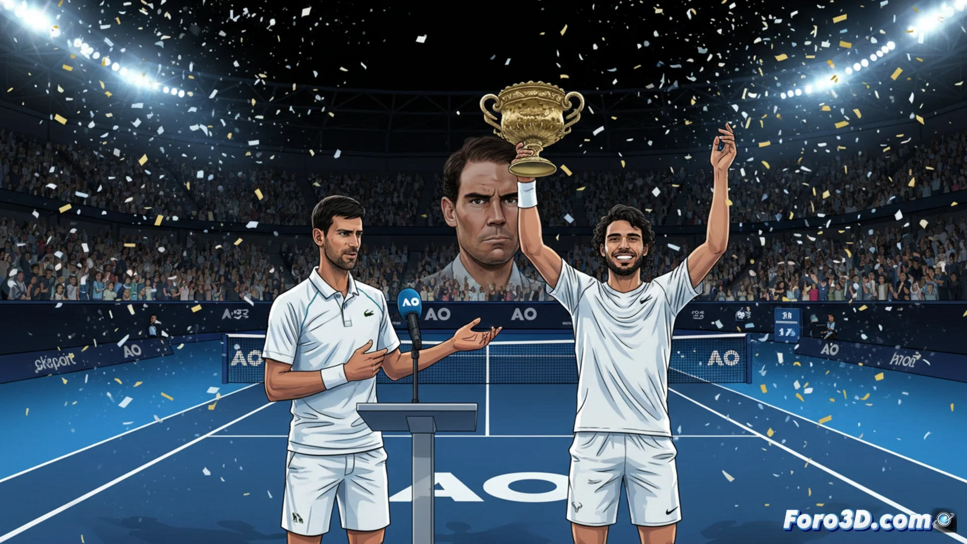 Novak Djokovic hablando en una rueda de prensa, con expresión seria, mientras comenta sobre el triunfo de Carlos Alcaraz en el Abierto de Australia.