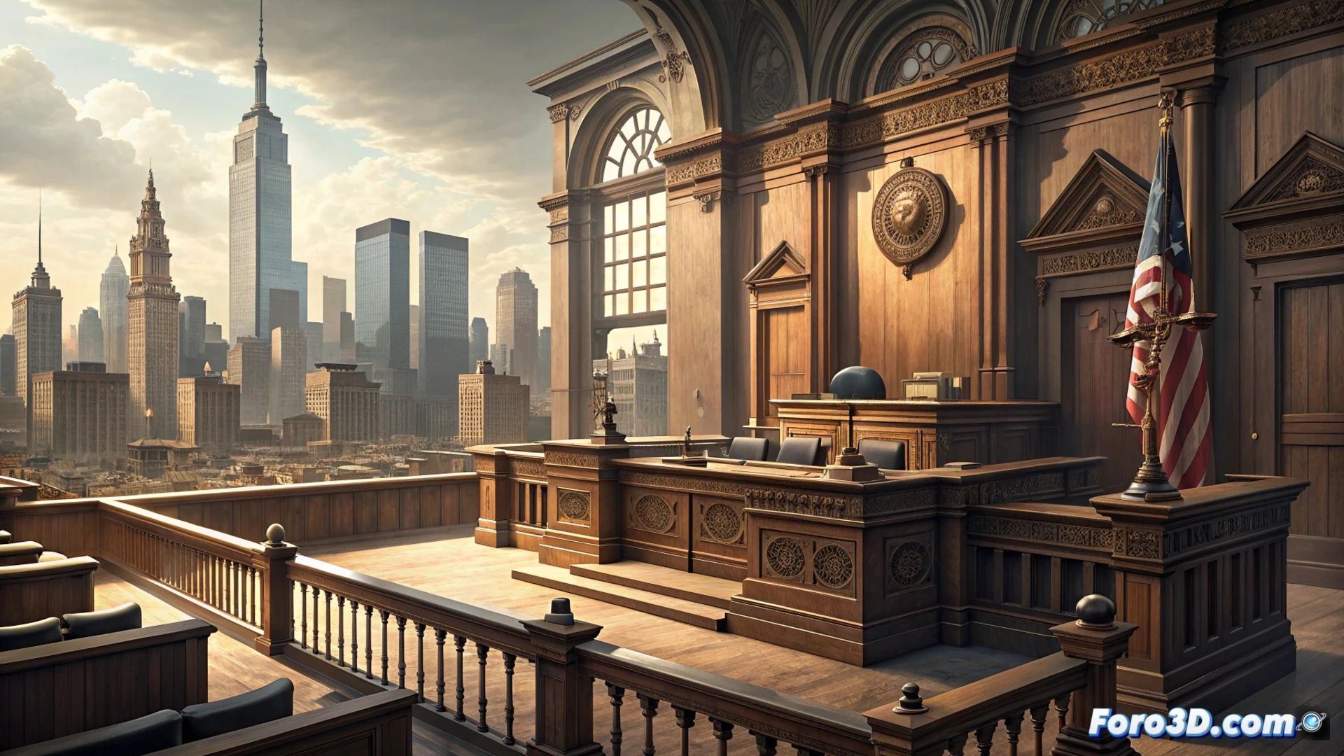 La fiscal Letitia James señala con firmeza un monitor que muestra loot boxes de CS:GO, mientras gráficos legales y símbolos de prohibición rodean la escena.