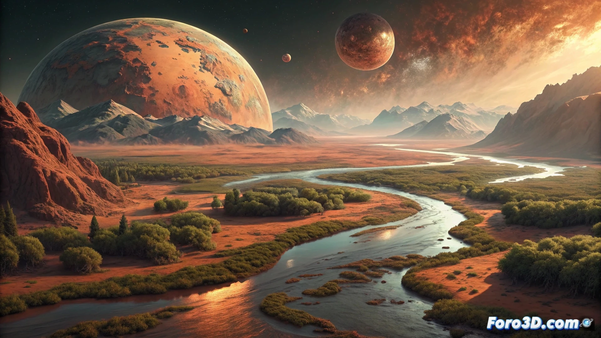 Un paisaje marciano antiguo con un río serpenteante bajo un cielo anaranjado y nubes tenues, rodeado de colinas rojizas y un lago en el horizonte.