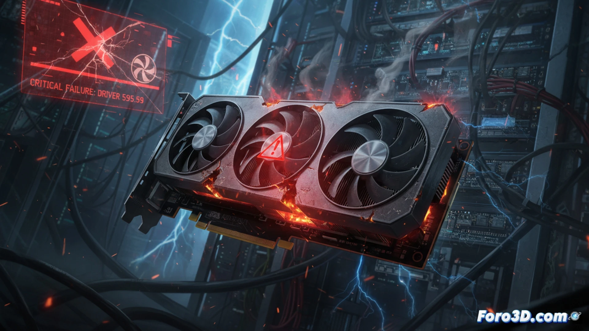 Imagen de una tarjeta gráfica RTX con un ventilador detenido y otro girando, mostrando un mensaje de error y un termómetro en rojo por sobrecalentamiento.