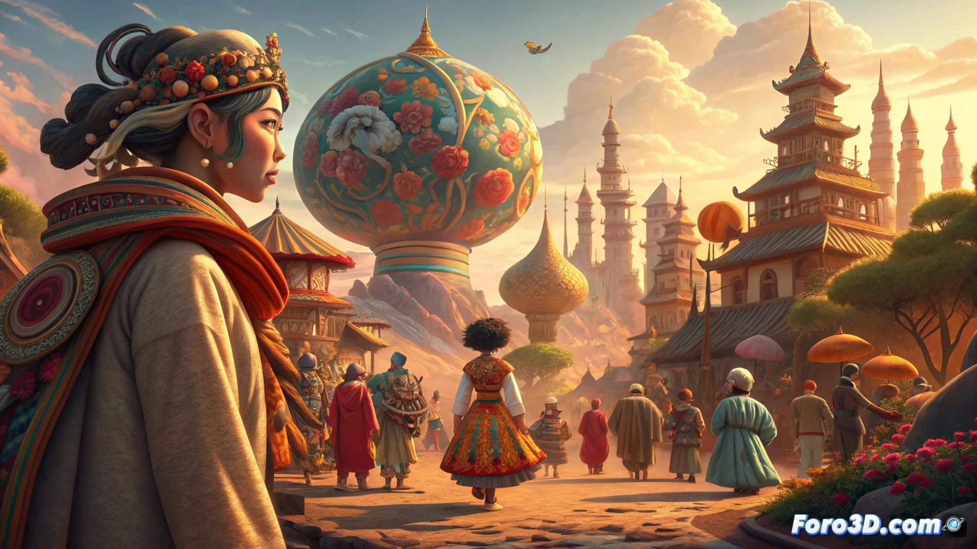 Una niña y un niño, de diferentes culturas, proyectan un mundo animado lleno de personajes diversos y coloridos sobre una pantalla de cine.