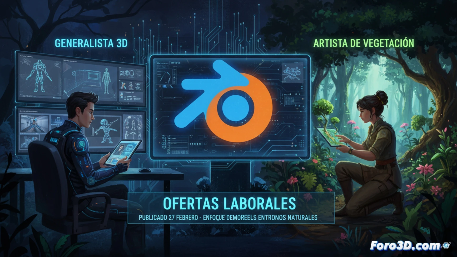 Una persona trabaja en un entorno 3D natural detallado en Blender, con un navegador abierto mostrando ofertas de trabajo para artistas de vegetación y generalistas.