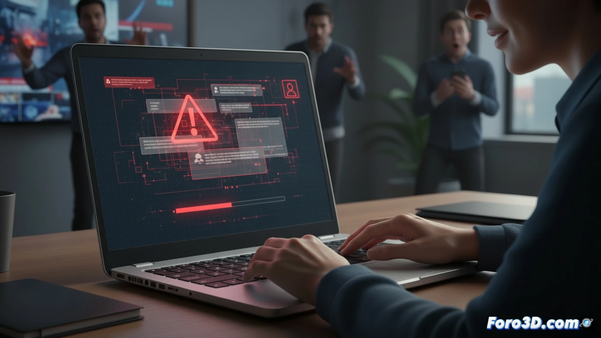 Un hombre escribe mensajes violentos en ChatGPT, mientras en segundo plano, empleados de OpenAI debaten frenéticamente sin llamar a la policía.