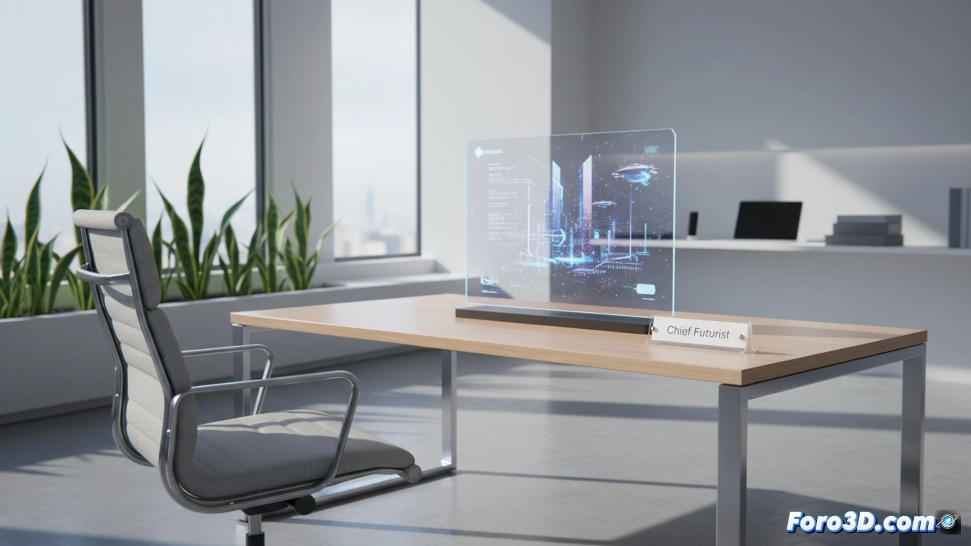 Imagen conceptual de una oficina moderna con pantallas que muestran gráficos de inteligencia artificial y un espacio de trabajo colaborativo, representando la reorganización interna de una empresa tecnológica.