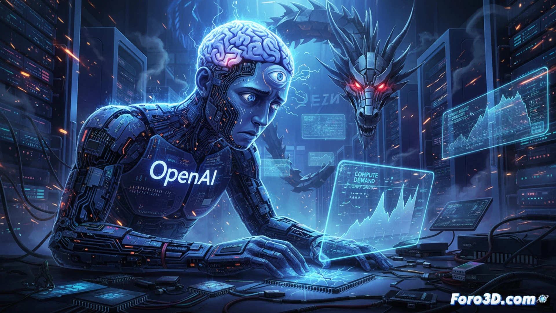 Un directivo de OpenAI, tenso y con gesto de alerta, observa un chip de silicio brillante sobre un mapa mundial de circuitos electrónicos.