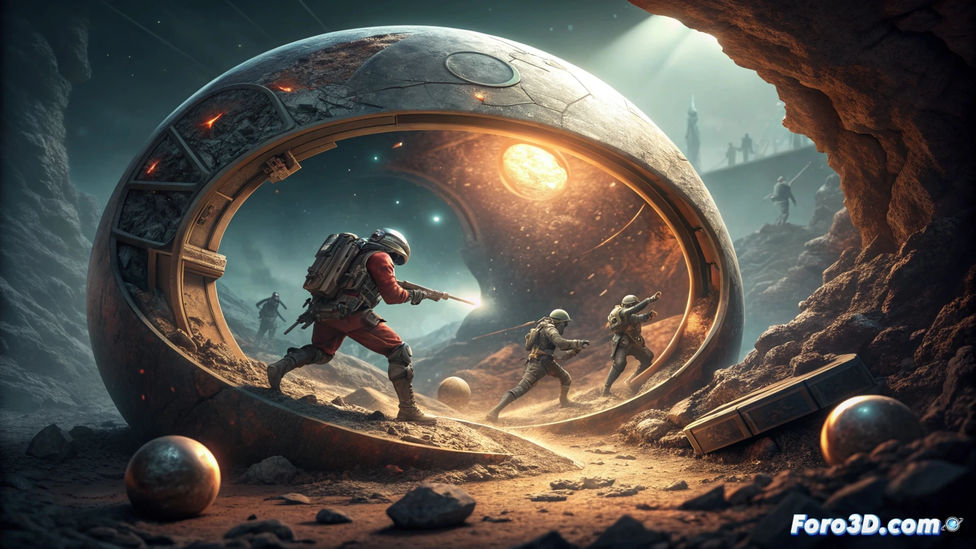 <strong>Descripción:</strong> Un marine flota disparando en el interior de una esfera planetaria, con enemigos y proyectiles curvándose por la gravedad invertida.