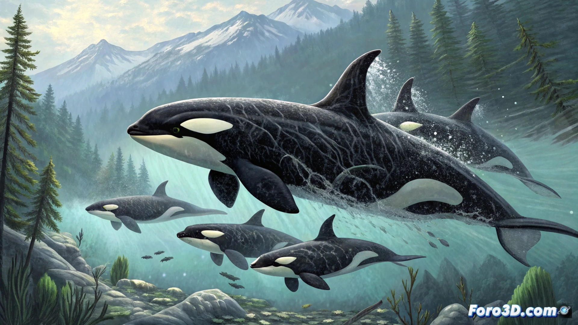 Una manada de orcas transientes ataca a una orca residente aislada en aguas frías del Pacífico Norte, mostrando el conflicto entre ecotipos.