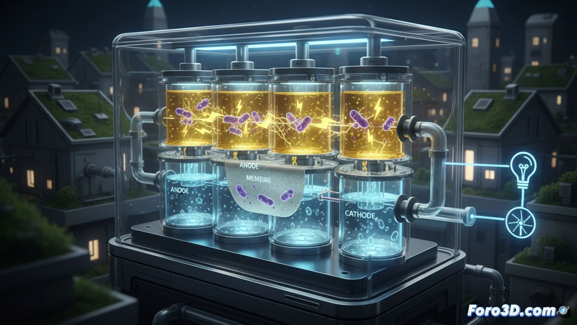 Celdas microbianas con bacterias generando electricidad a partir de orina, mientras depuran el agua en un circuito cerrado.