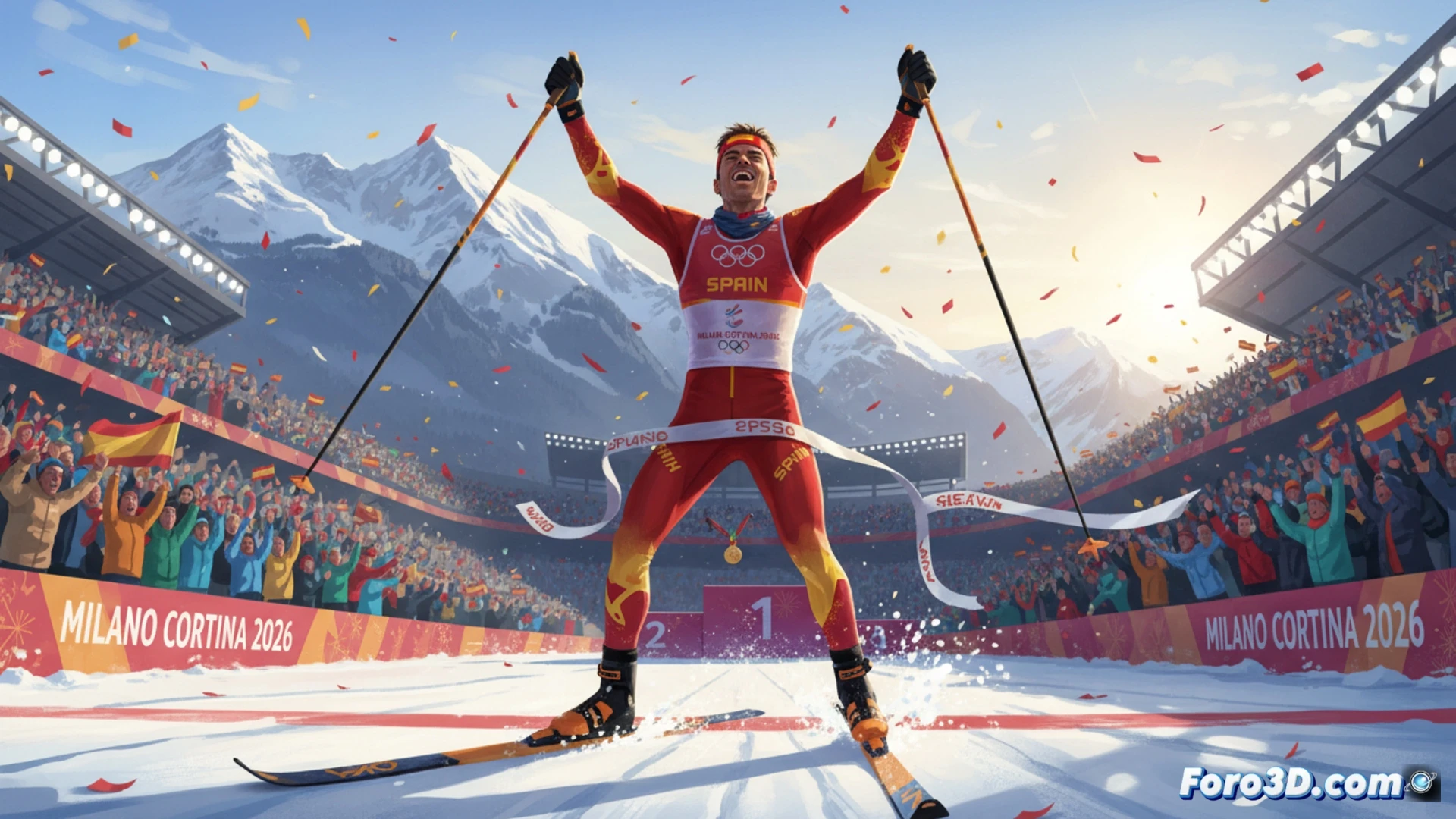 Oriol Cardona celebra su oro olímpico en esprint de esquí de montaña, con la bandera española y la emoción de la victoria en su rostro.