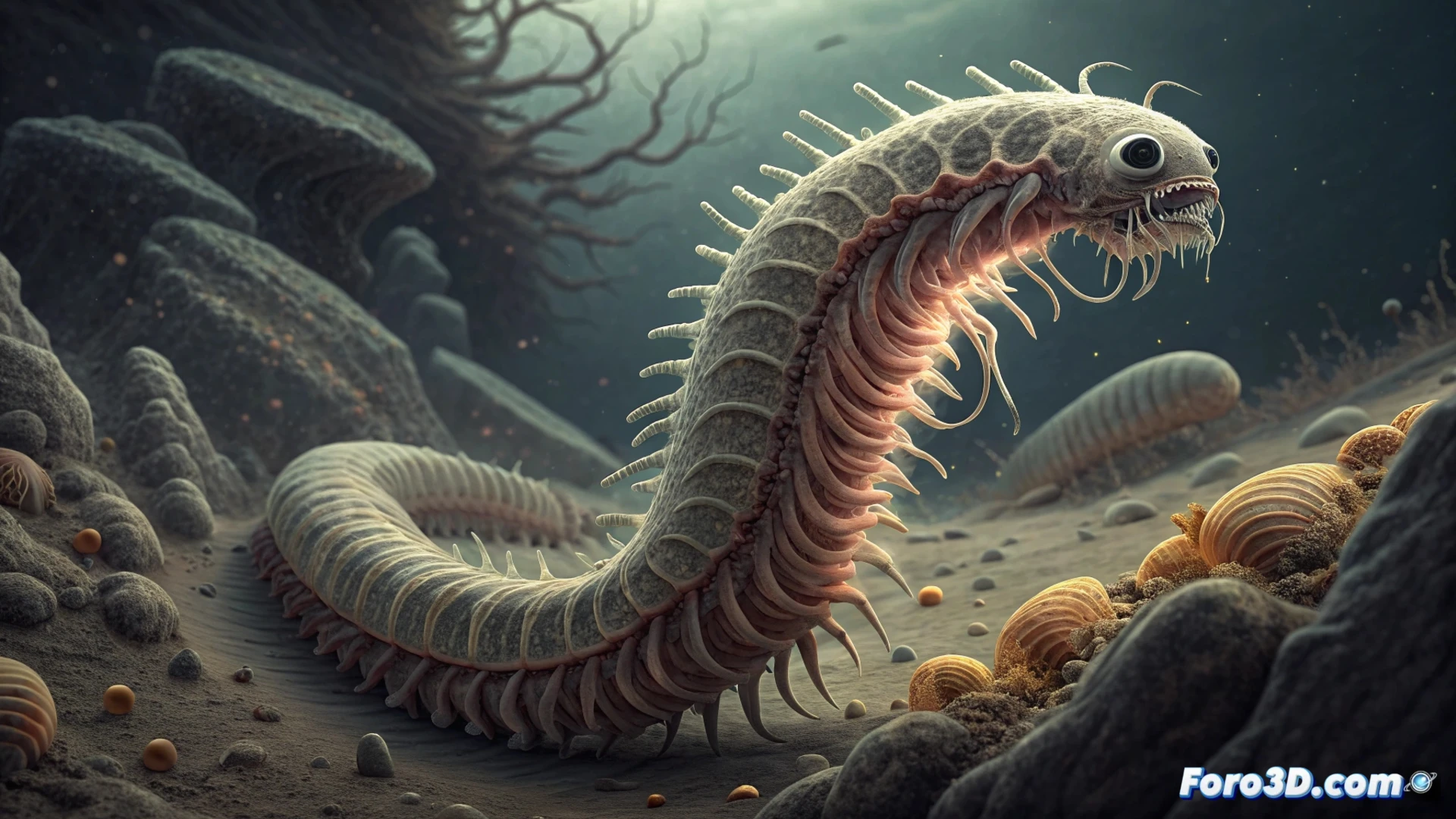 Un gusano pálido y plumoso anclado a un hueso de ballena en la oscuridad abisal, con sus raíces penetrando la superficie ósea.