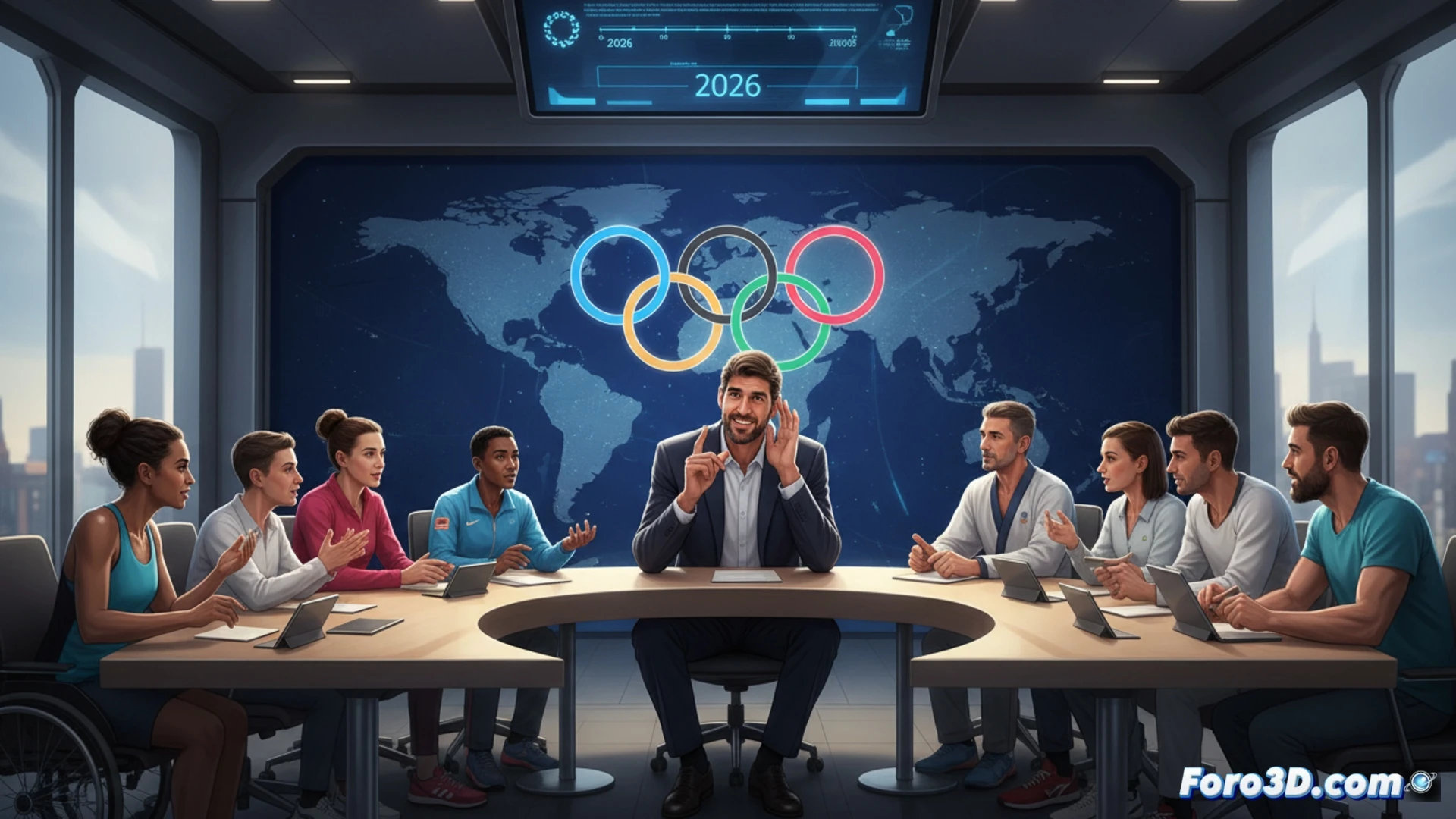 Pau Gasol, con bandera olímpica de fondo, anuncia su nuevo cargo presidencial ante un atento público.