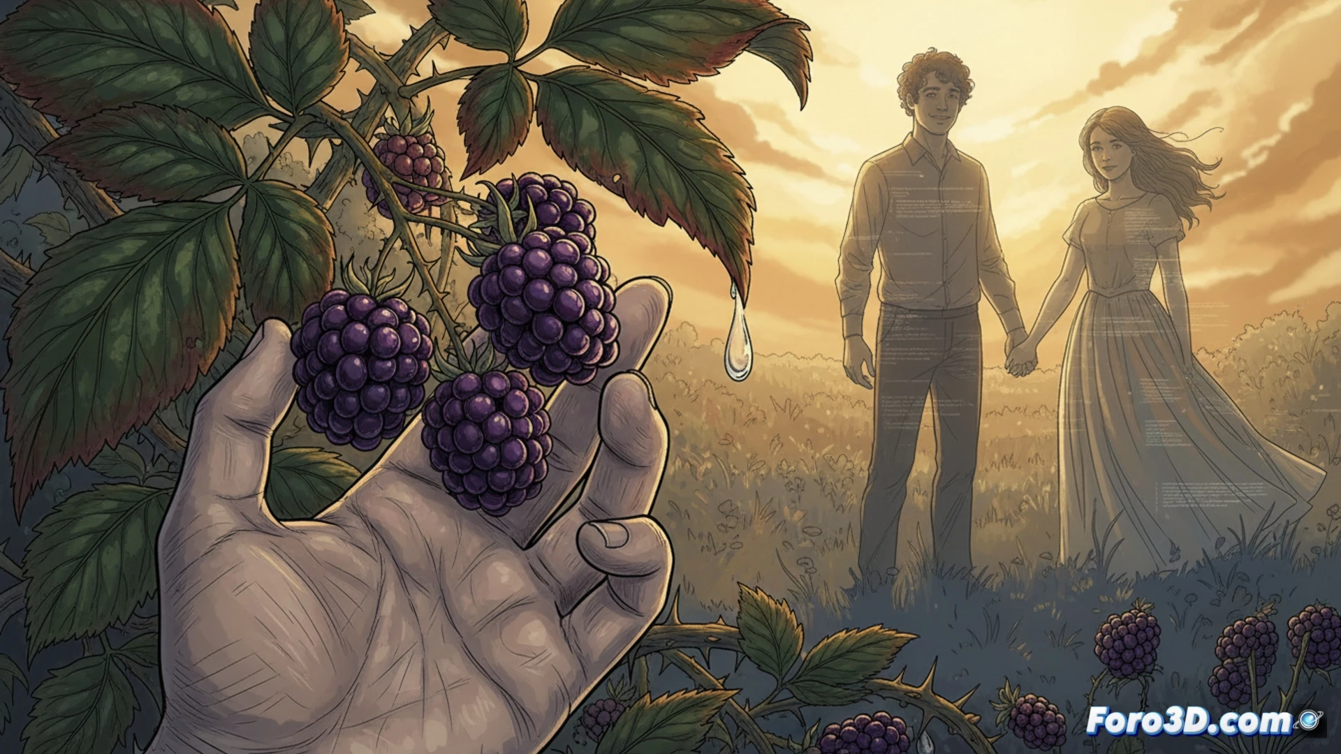 Un hombre, entre zarzas digitales y moras reales, recoge frutos que brillan como recuerdos y espinas que punzan como códigos olvidados.