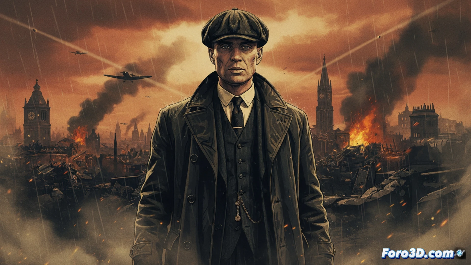 Un Tommy Shelby envejecido, con mirada fiera, camina entre las sombras de una Birmingham industrial devastada por los bombardeos de la Segunda Guerra Mundial.