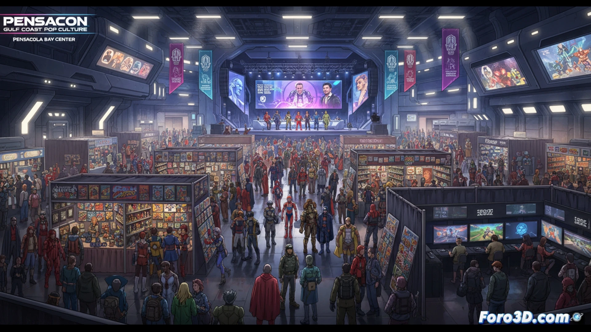 Una multitud colorida de cosplayers y fanáticos explora un bullicioso salón de convenciones lleno de stands de cómics, arte y coleccionables.