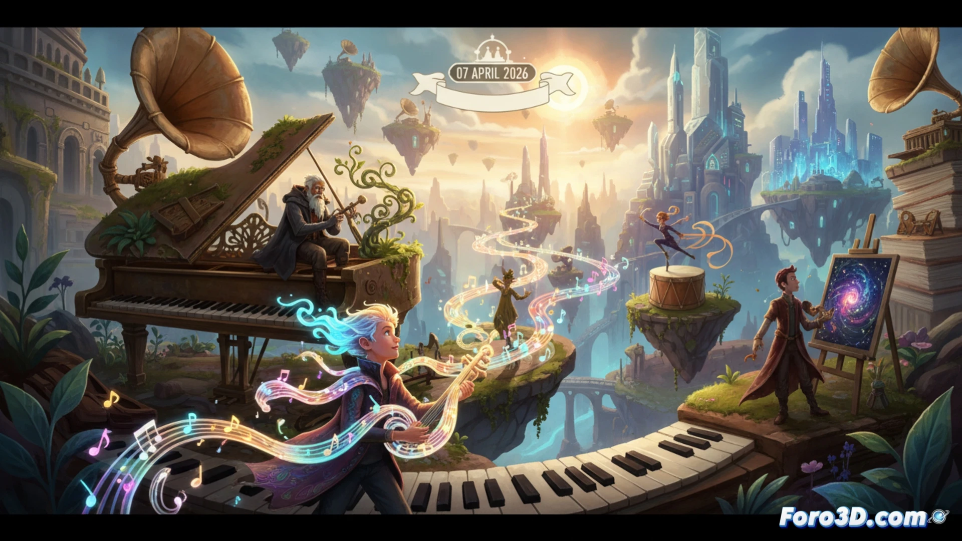 Una viajera explora un mundo de colores vibrantes, recolectando melodías luminosas que flotan en el aire, mientras escucha a un peculiar personaje con un instrumento.