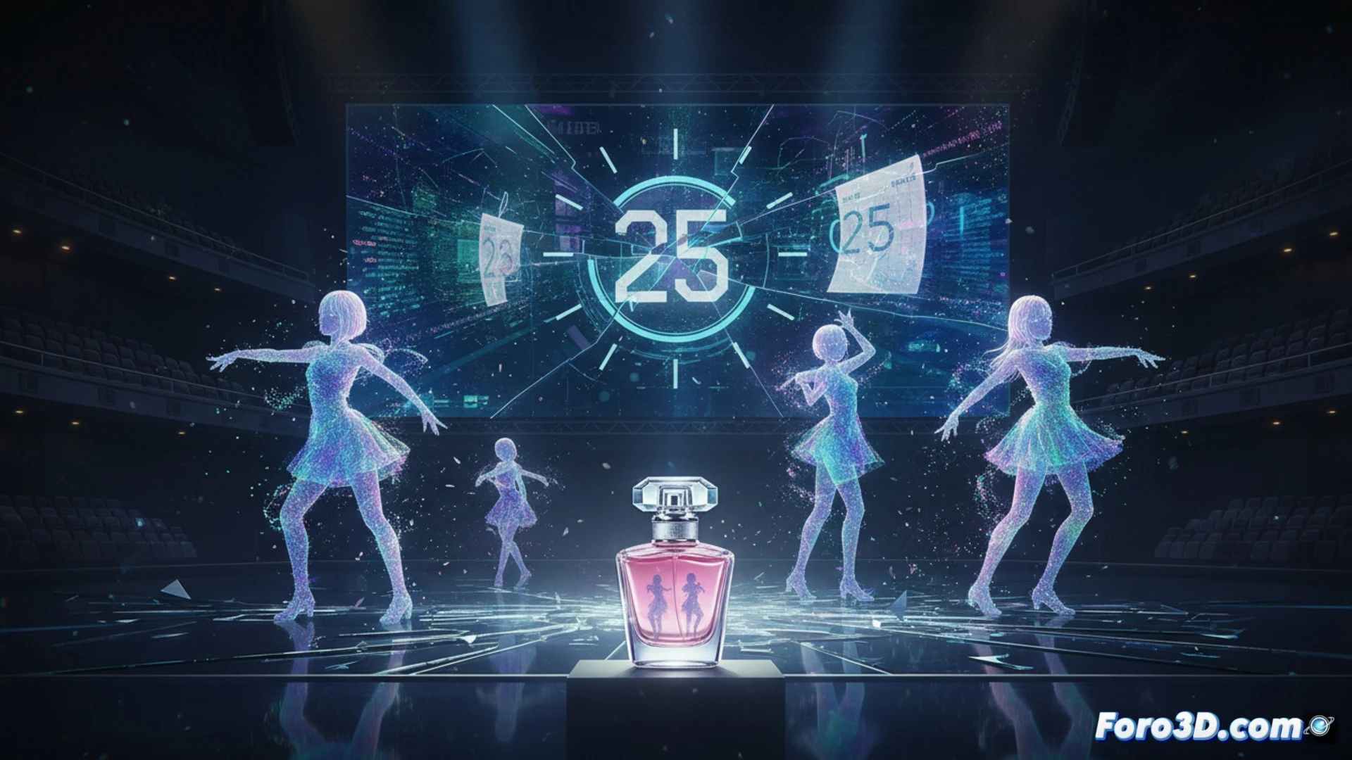 Videoclip futurista de Perfume: figuras holográficas y partículas de luz danzan en un espacio etéreo, creado con innovadora tecnología 3D gaussian splatting.