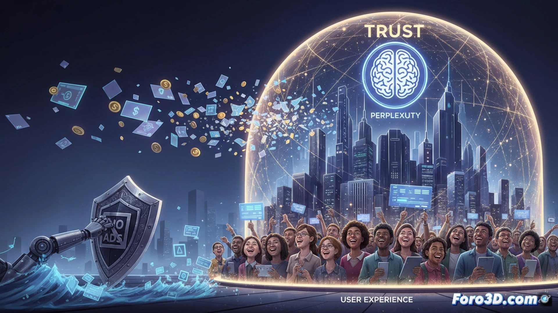 Imagen de un usuario interactuando con una interfaz limpia de IA, donde un anuncio se desvanece, revelando una respuesta clara y un símbolo de confianza.