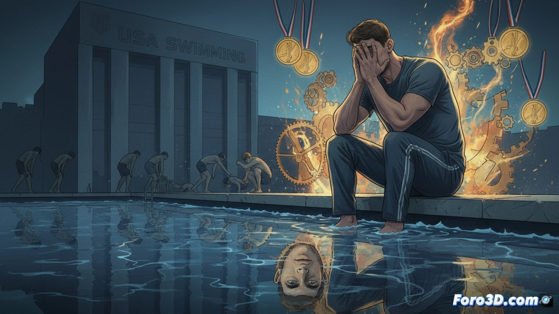 Michael Phelps, pensativo y con mirada seria, refleja la soledad y presión de ser una máquina de medallas.