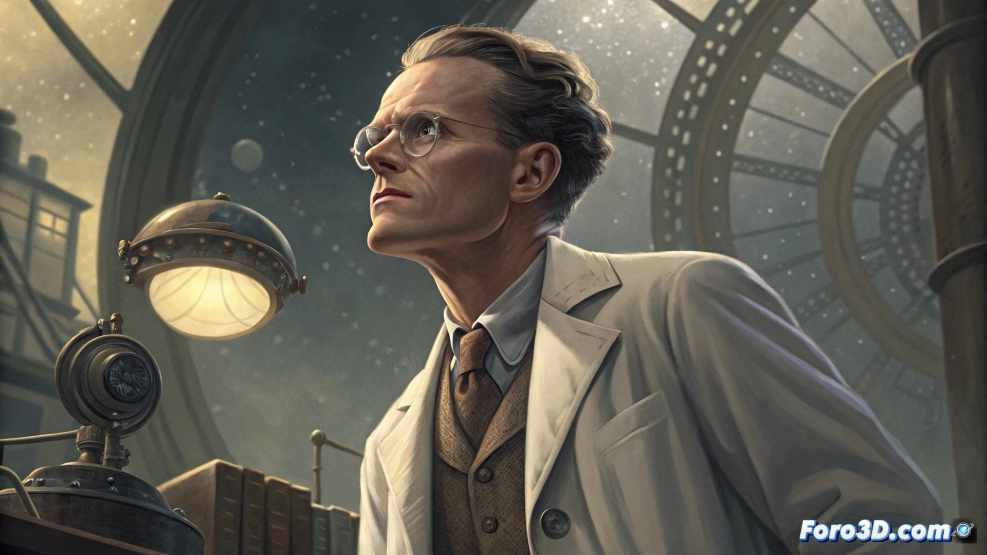 Imagen: Philo Farnsworth, con traje de época, dibuja en una pizarra un diagrama de ondas que se transforman en un mosaico de pantallas modernas, cada una con el logo de una plataforma de streaming rota por un rayo de luz descentralizado.