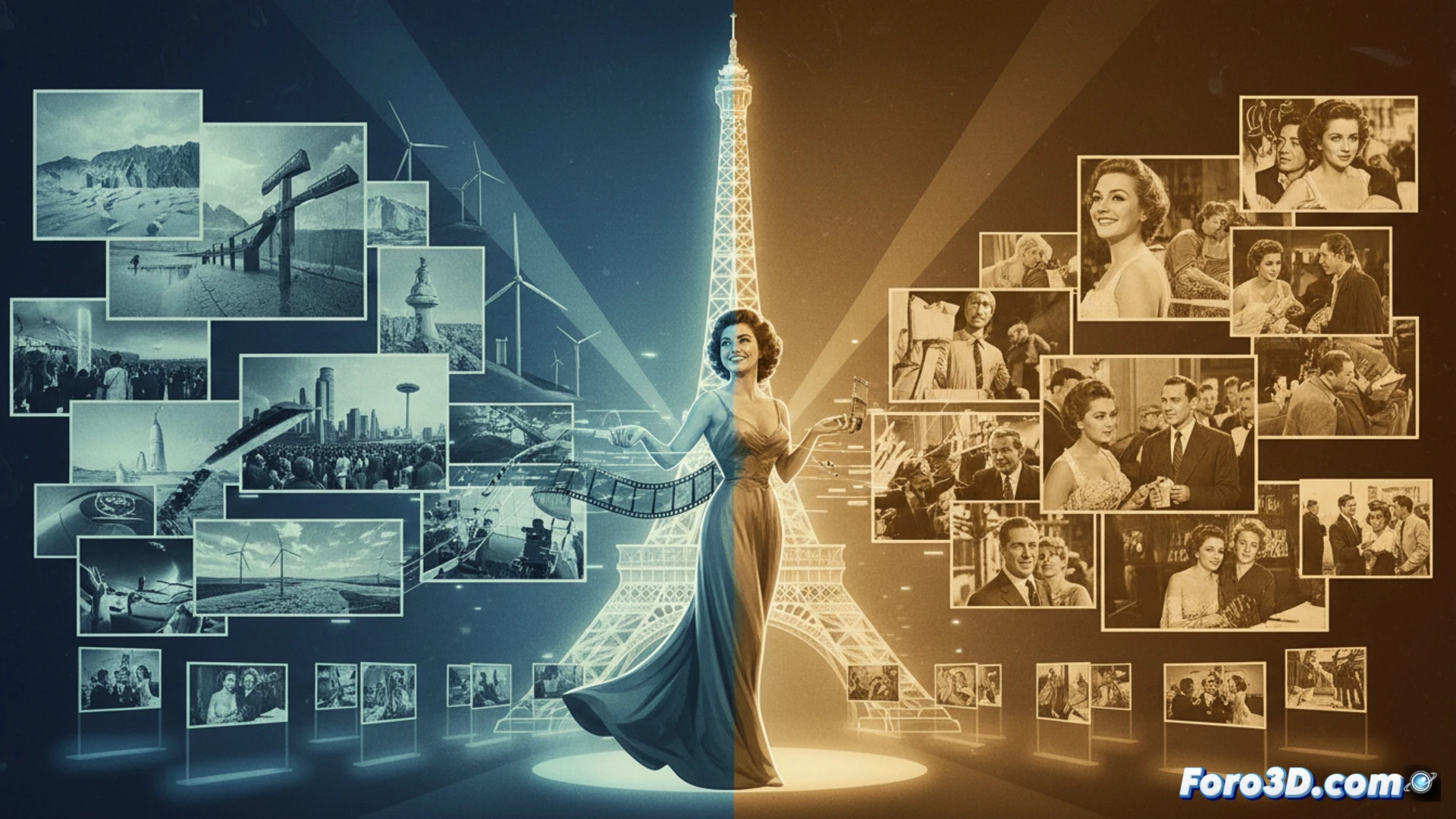 Una sala de exposición con fotografías de actualidad junto a retratos icónicos de Claudia Cardinale en la gran pantalla.