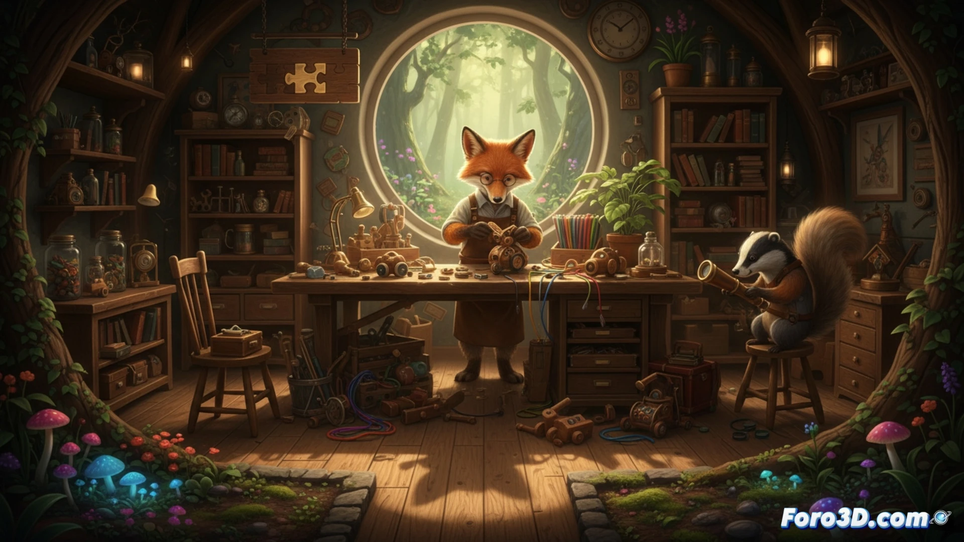 Un taller en un bosque, donde un personaje repara objetos junto a animales clientes, en un ambiente cálido y detallado.