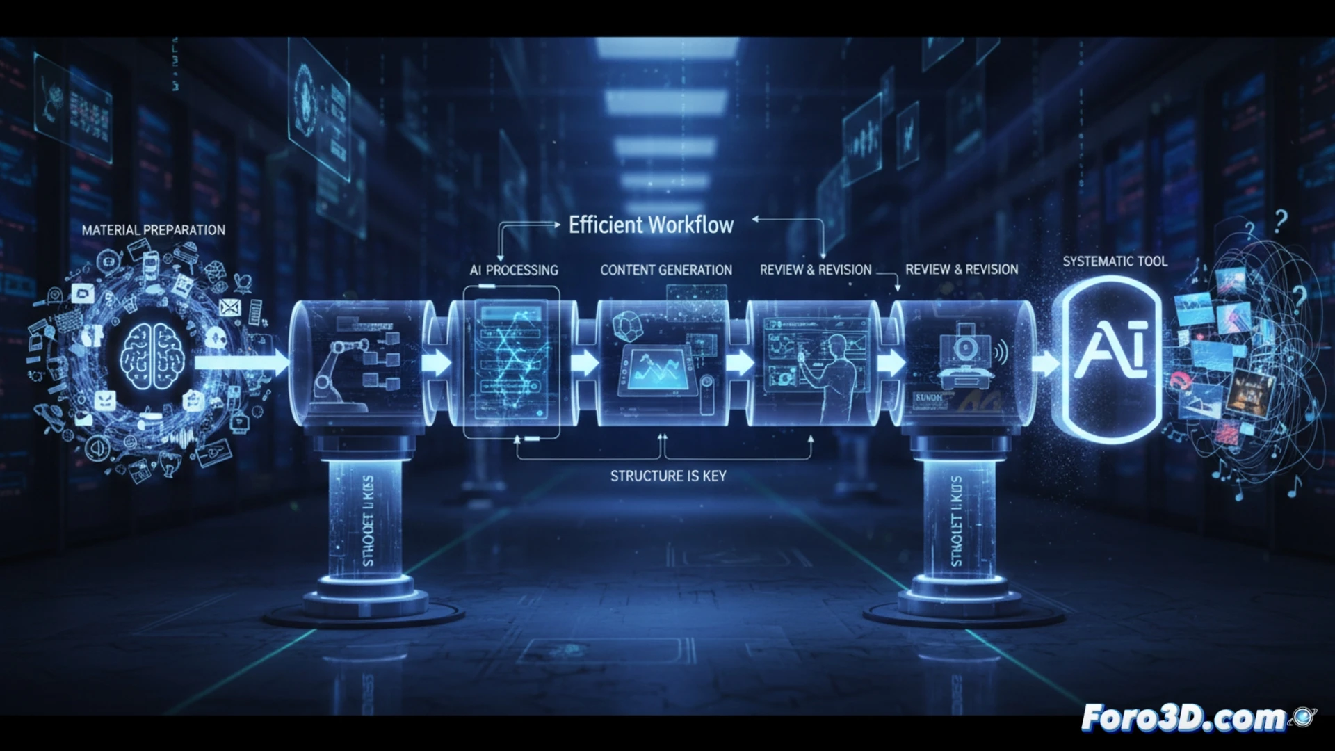 Una persona organiza un flujo de estudio con IA en una pizarra, mostrando etapas claras desde la preparación hasta la revisión, con iconos de documentos y algoritmos conectados.