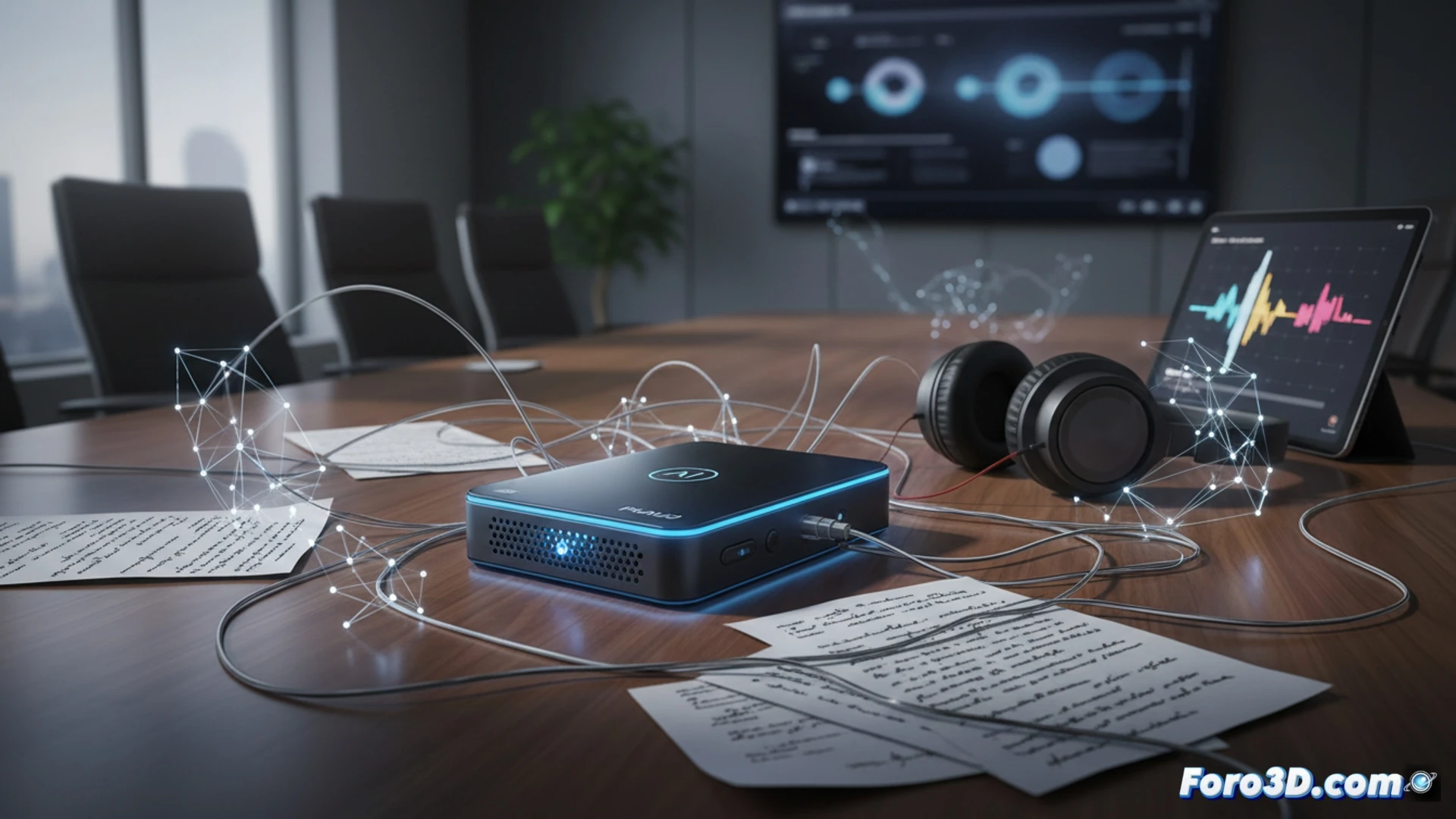 Un pequeño dispositivo negro sobre una mesa, junto a un café y un bloc de notas, con ondas de sonido y texto transcrito emergiendo de él.