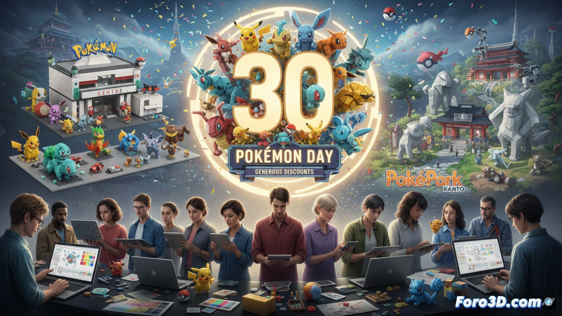 Una colección de figuras Pokémon LEGO y PokePark, mostrando sus formas, colores y ensamblaje como referencia clave para artistas 3D.