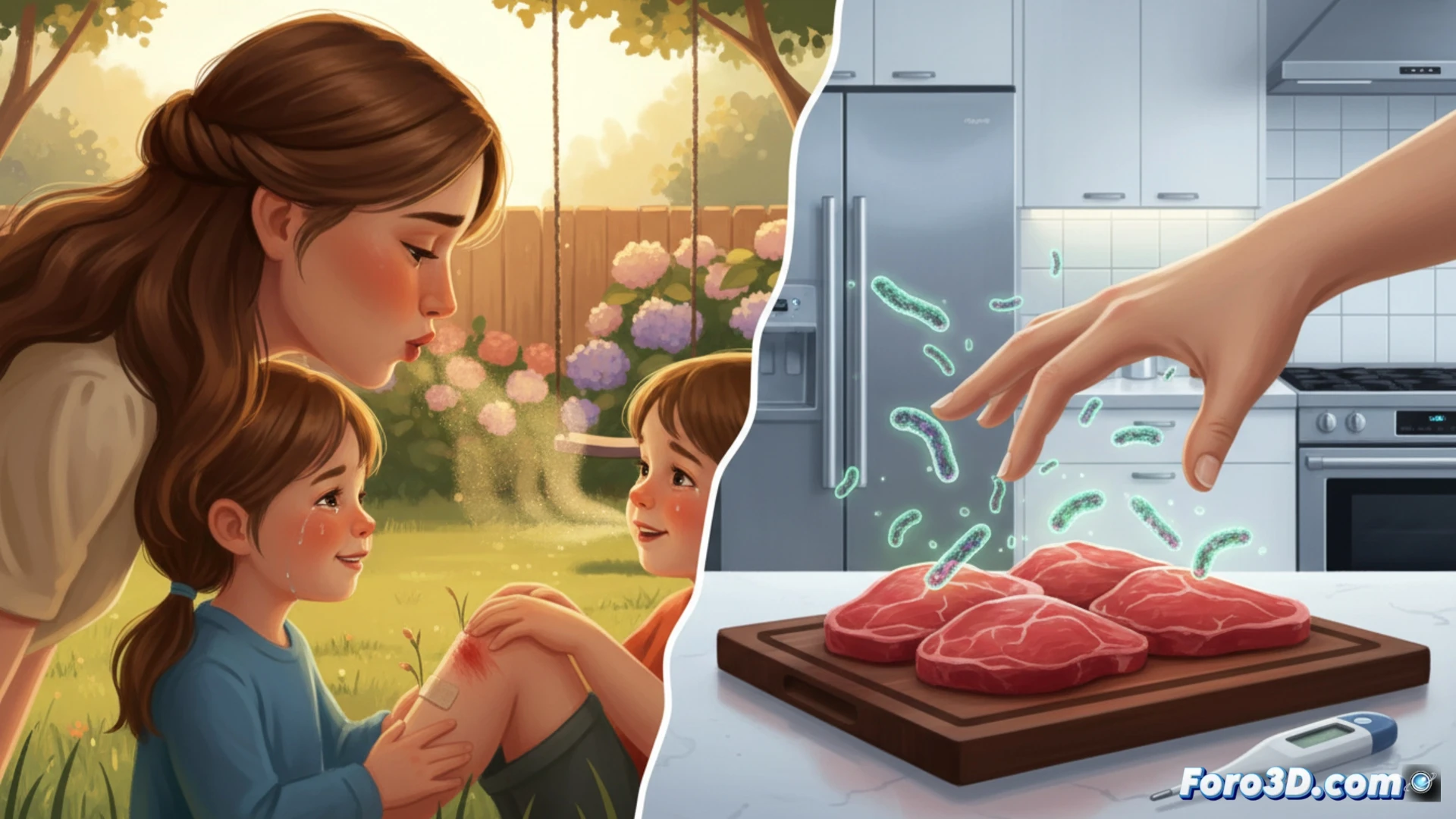 Ilustración conceptual que muestra una comparación entre un entorno natural con bacterias diversas y un entorno moderno ultra limpio, con un sistema inmunológico representado como un escudo debilitado frente a una bacteria resistente ampliada.