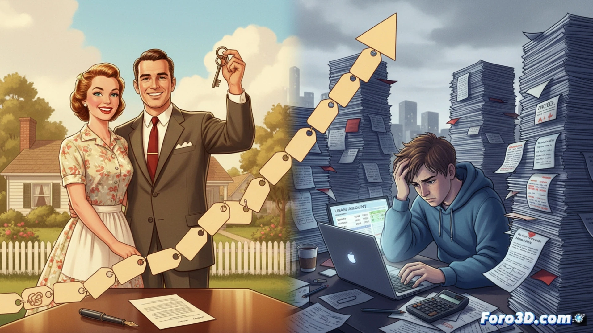 Ilustración que contrasta a una persona mayor firmando un documento sencillo con una joven rodeada de montañas de papeles, gráficos de precios en alza y un banquero exigente. Estilo épico-mitológico.