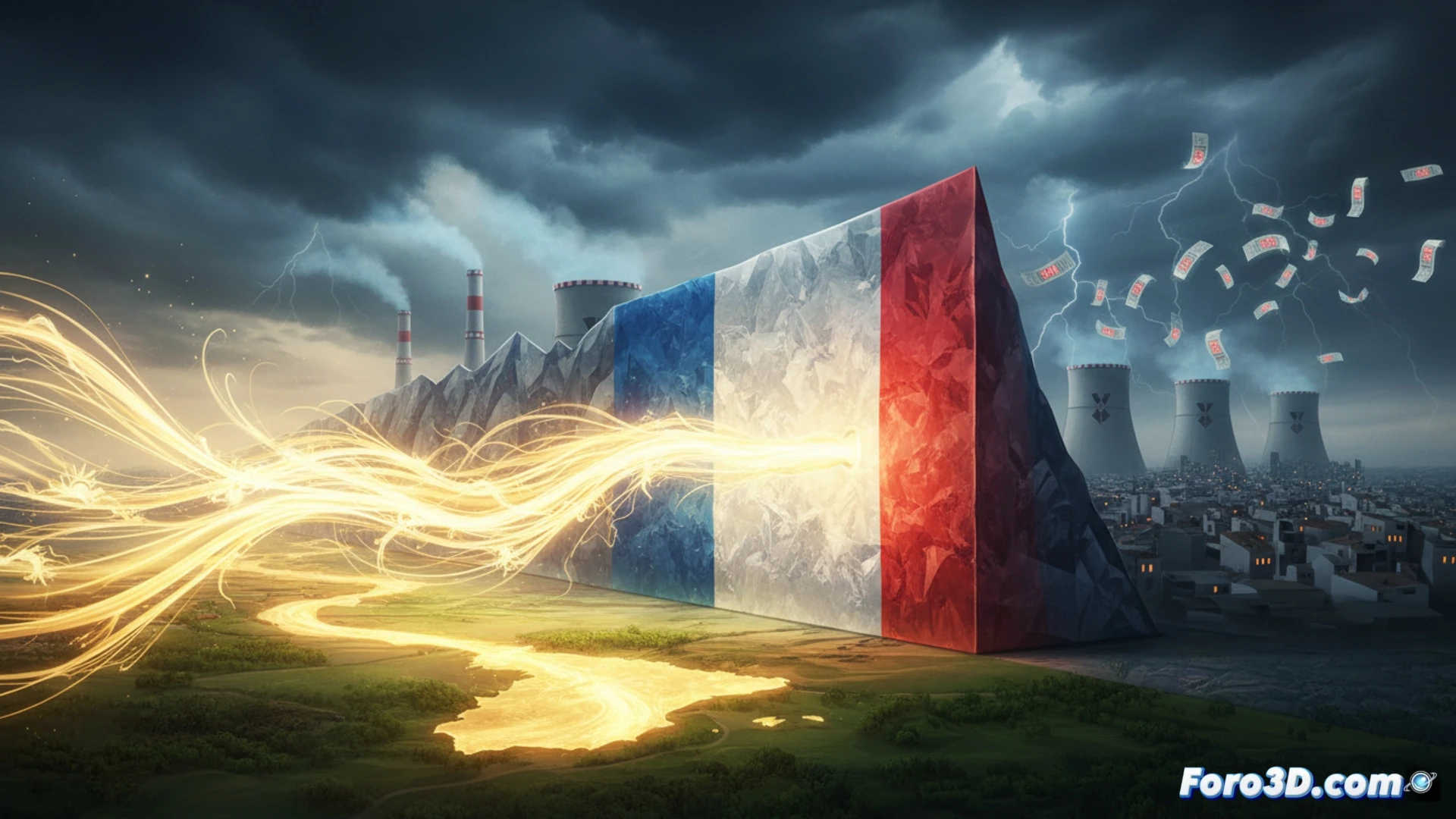 Mapa de Europa con líneas de flujo eléctrico resaltadas entre la Península Ibérica y Francia, mostrando un estrechamiento en los Pirineos, junto a iconos de molinos eólicos, paneles solares y centrales nucleares.