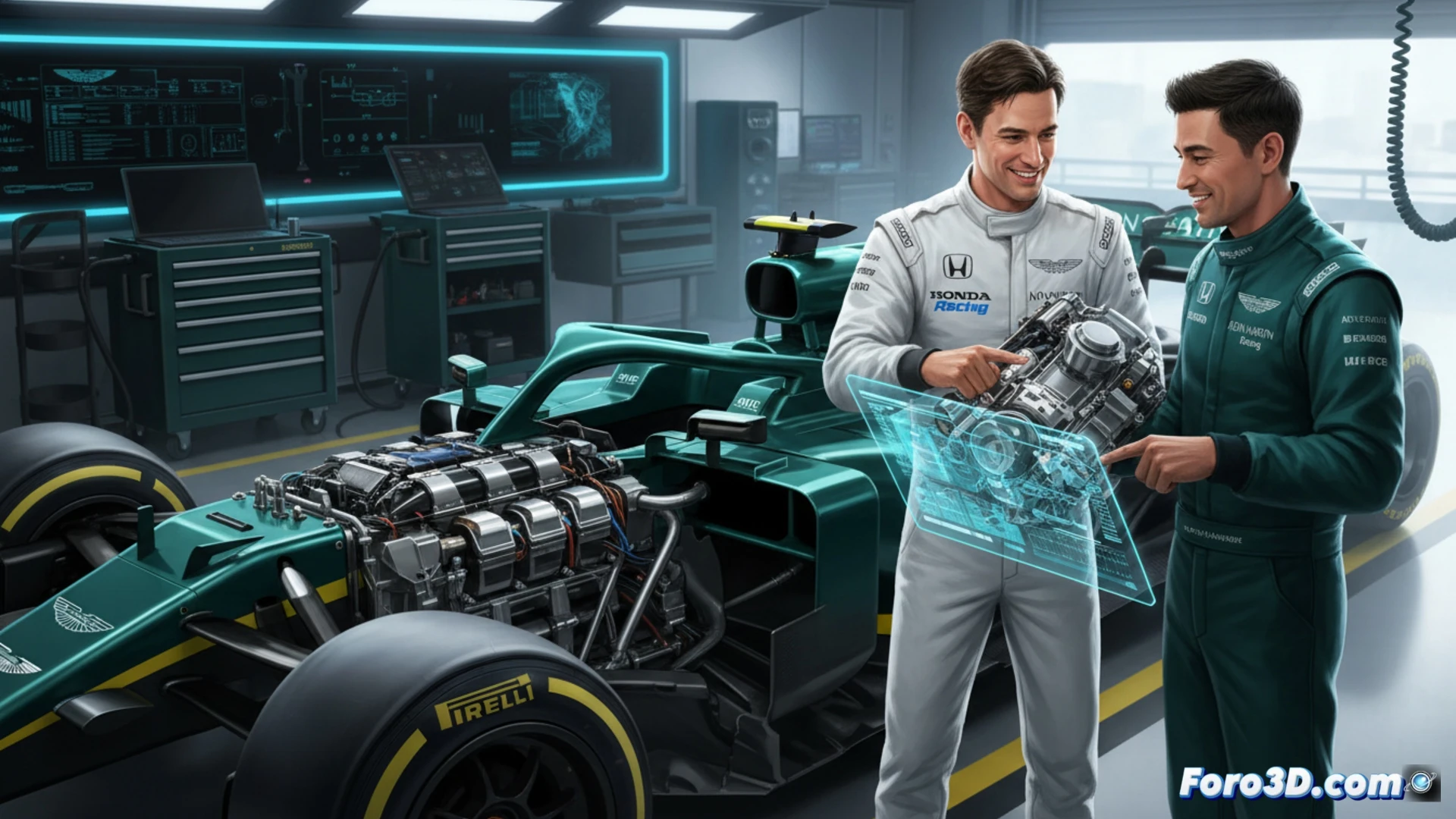 El motor Honda RA624H montado en el Aston Martin AMR24, mostrando los detalles de la unidad de potencia híbrida y la integración con el chasis del monoplaza.