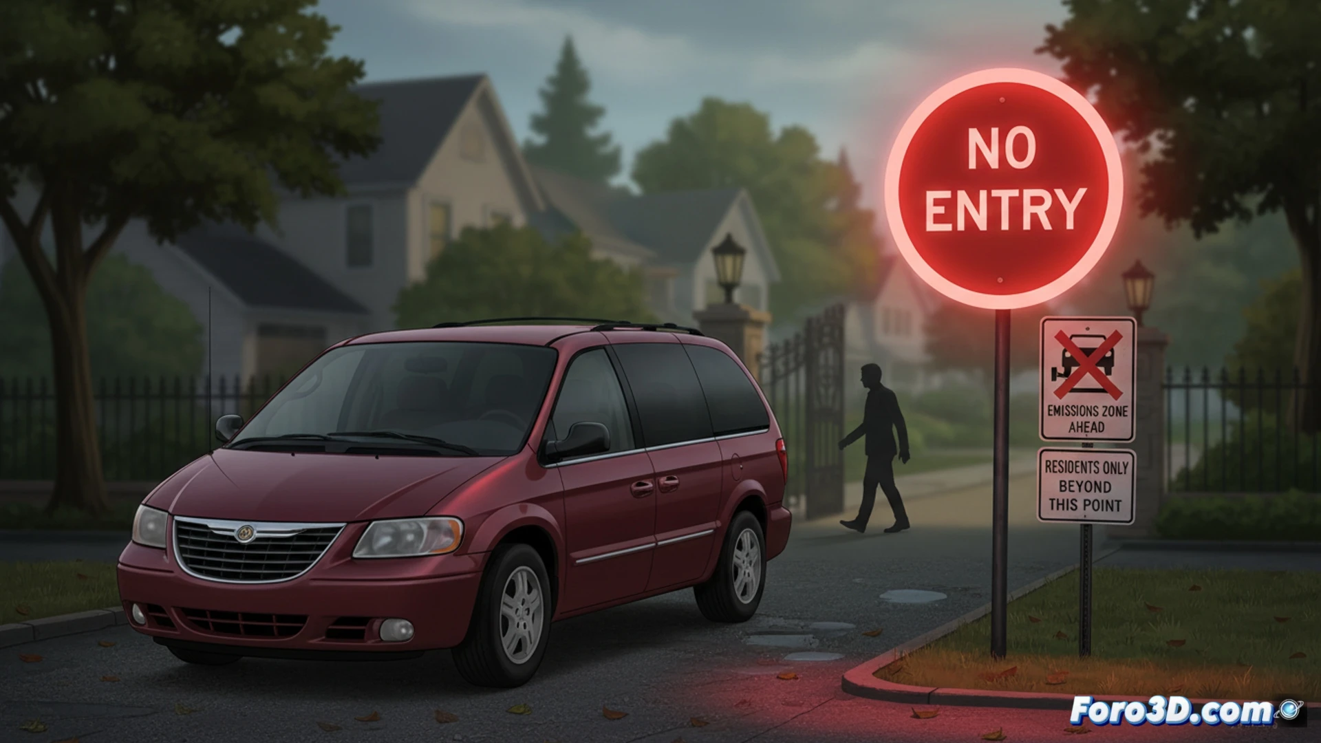 Ilustración conceptual que contrasta un coche con una señal de prohibido y la silueta de una persona caminando libremente hacia un barrio, representando la discrepancia en las restricciones.