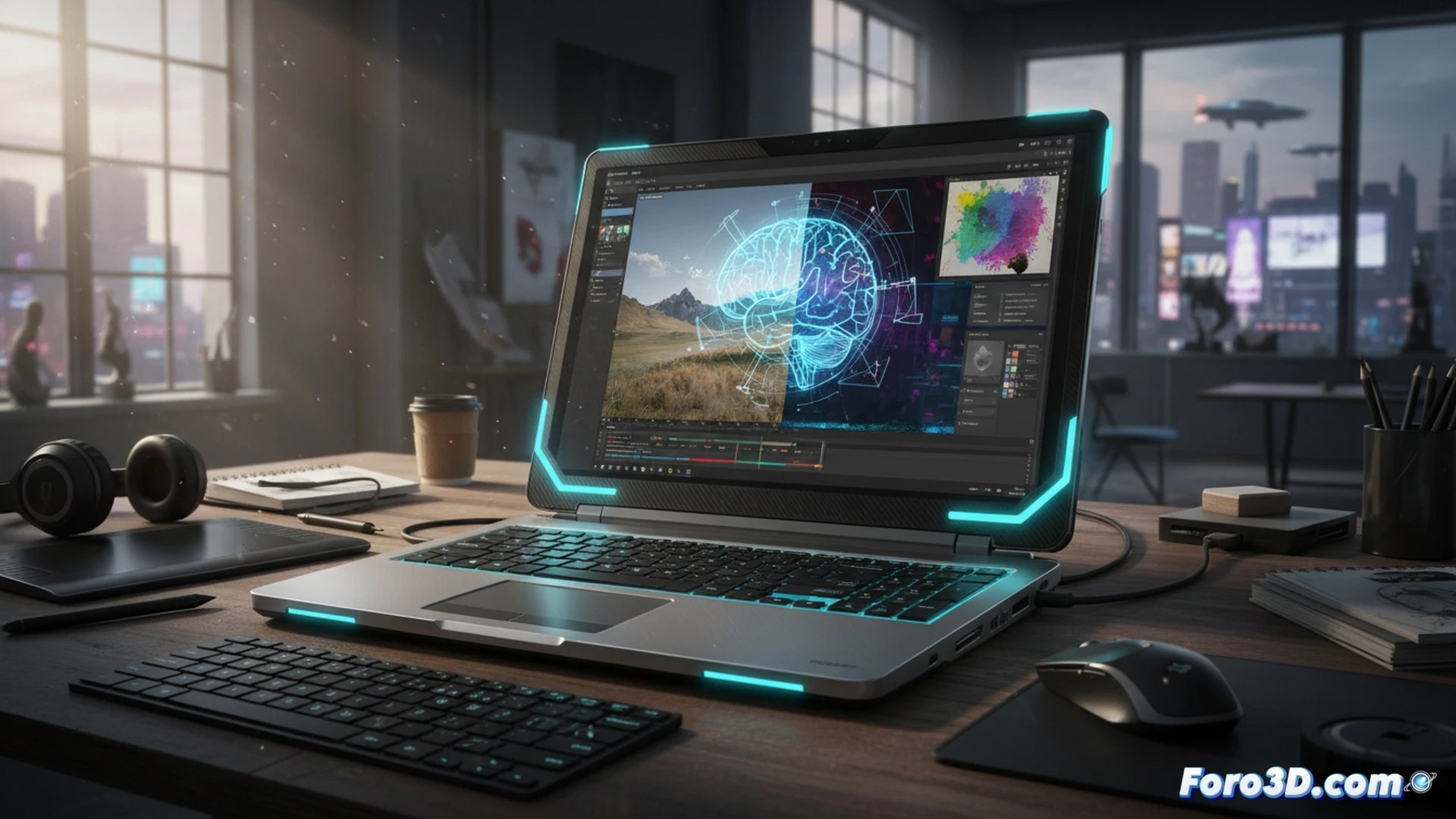 Un diseñador usa un portátil 2-en-1 con lápiz para esbozar un modelo 3D complejo en un entorno moderno y dinámico.