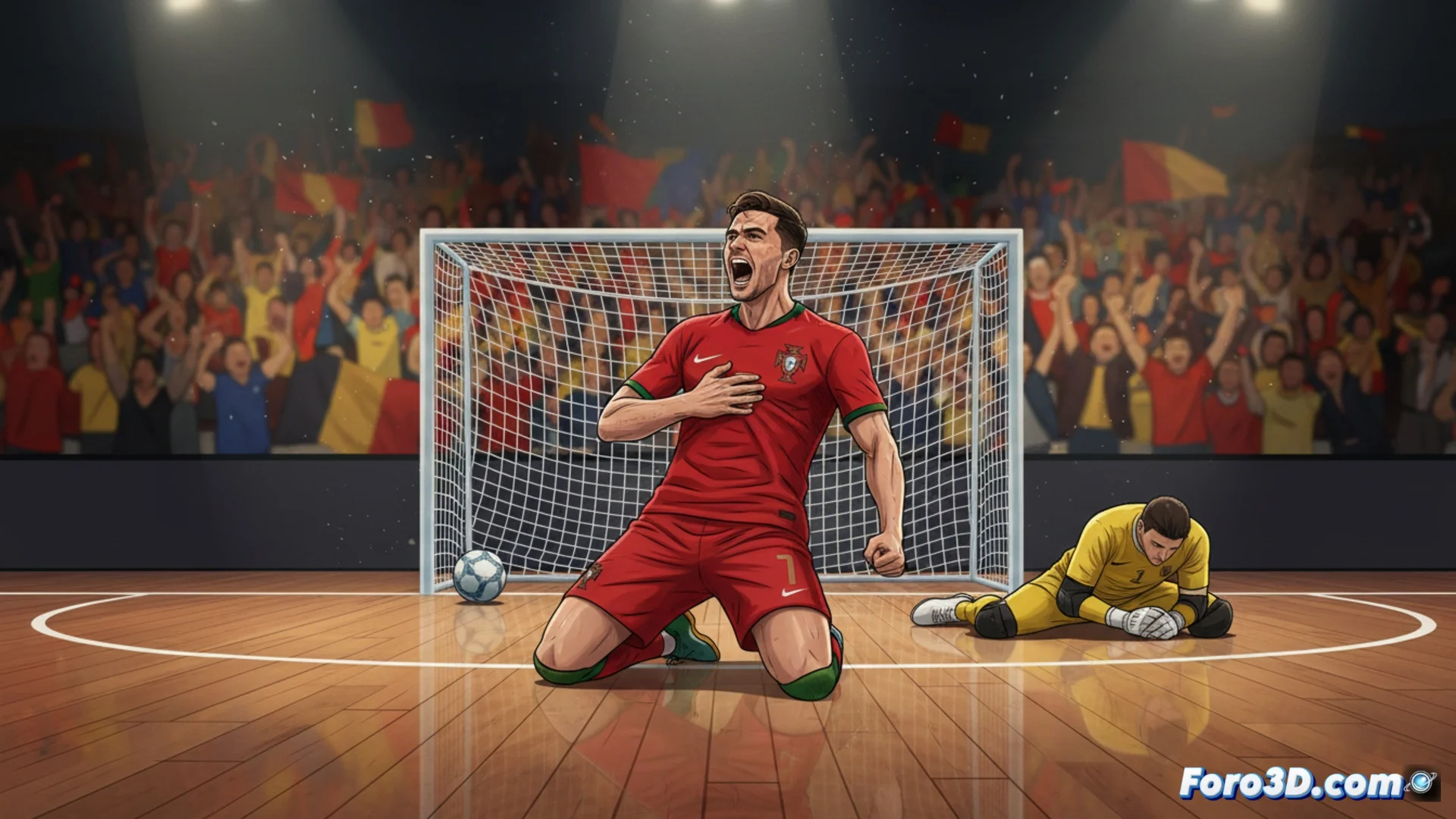 Jugadores de la selección portuguesa de fútbol sala celebrando un gol durante el partido de cuartos de final de la Eurocopa contra Bélgica.