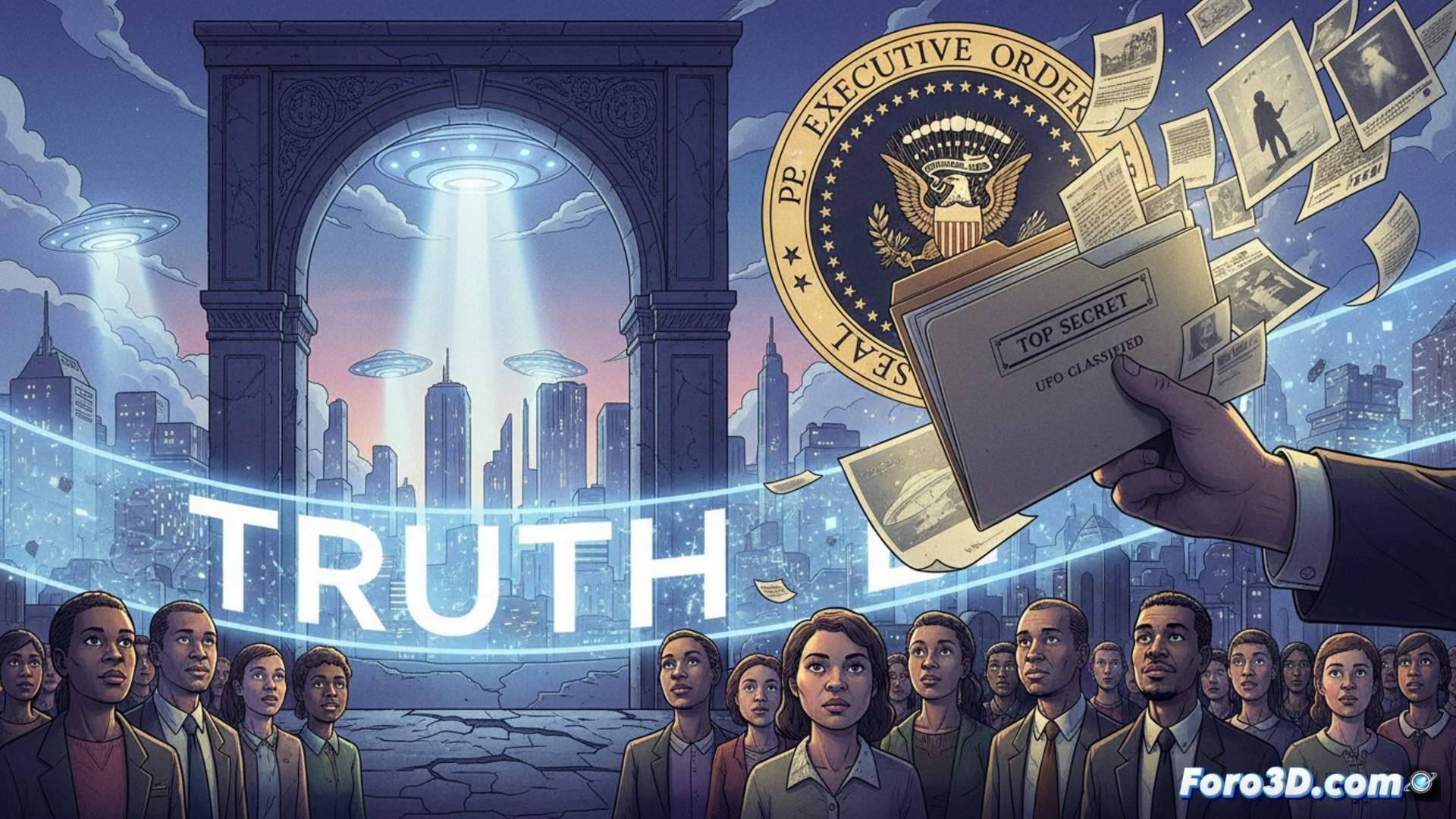 Un presidente firma un documento, con expedientes clasificados sobre OVNIs y un titular de periódico sobre La Verdad en segundo plano.