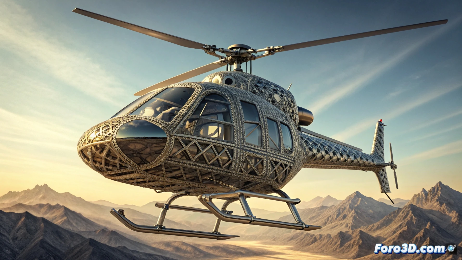 Un helicóptero despega con una pieza gris metálica brillante, fabricada con titanio reciclado de aviones e impresa en 3D, sujeta a su fuselaje.