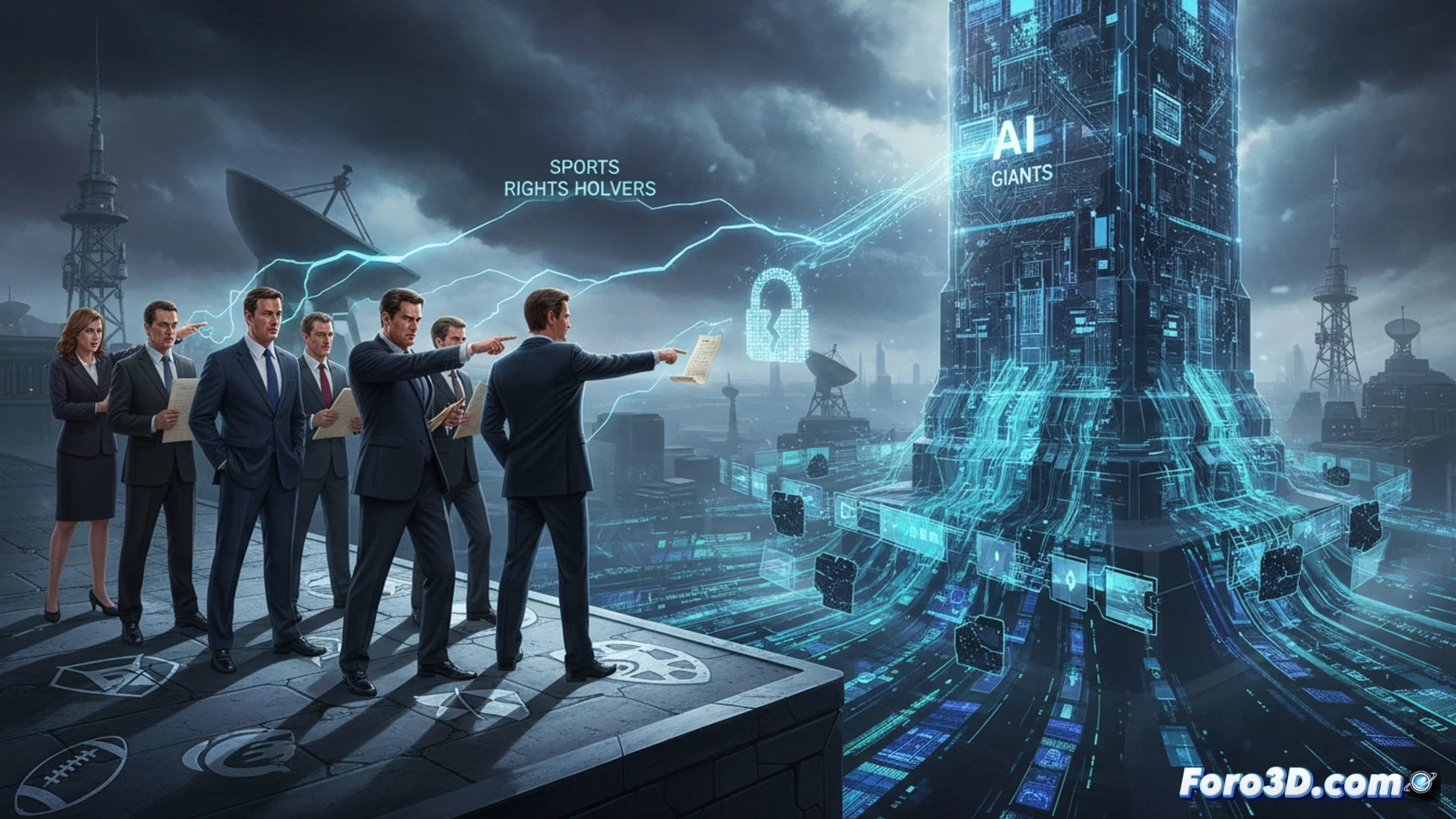 Un puño cerrado con un logotipo deportivo choca contra un núcleo de circuitos de IA que se agrieta, rodeado de símbolos legales.