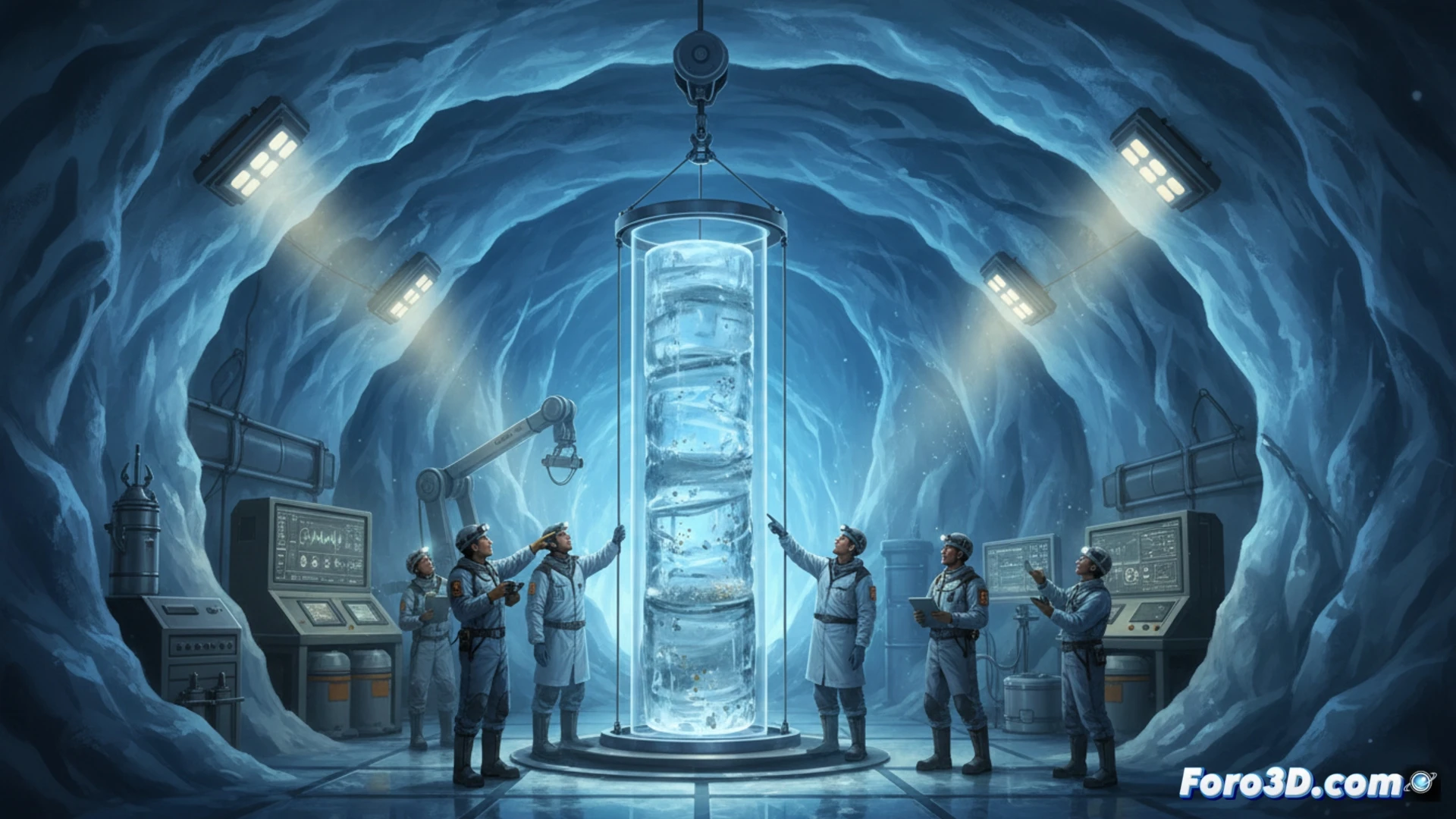 Científicos en la Antártida extraen un núcleo de hielo antiguo, un cilindro azulado que contiene burbujas de aire de hace más de 13.100 años.