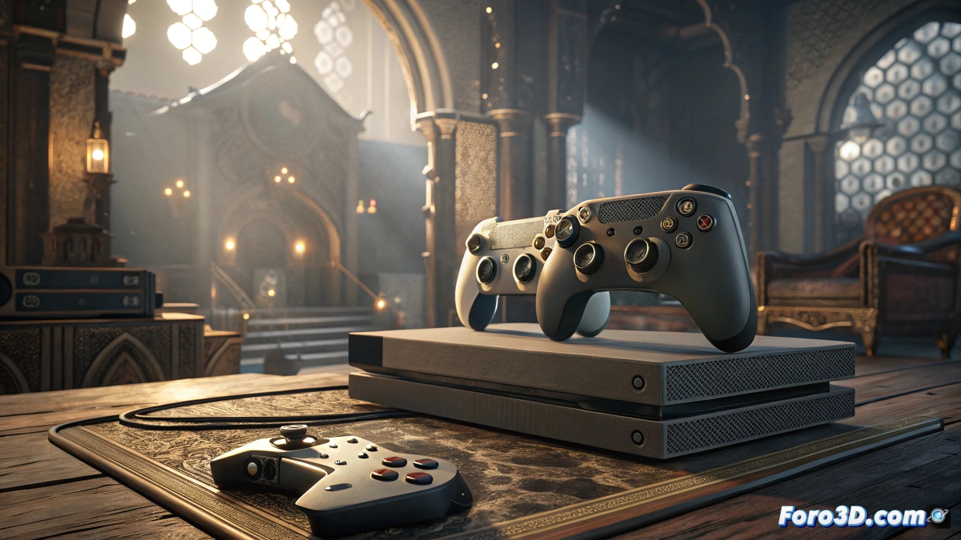 Una consola PS5 muestra los cuatro juegos anunciados: golf realista, caza de monstruos, rancho espacial y un MMORPG épico.