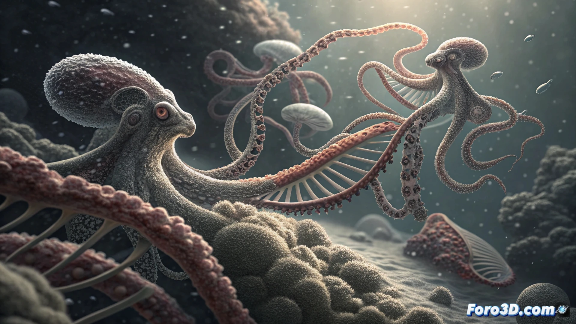 Un pulpo en aguas frías, con su cerebro brillando sutilmente mientras moléculas de ARN se reescriben a su alrededor, ilustrando la adaptación neuronal al frío.