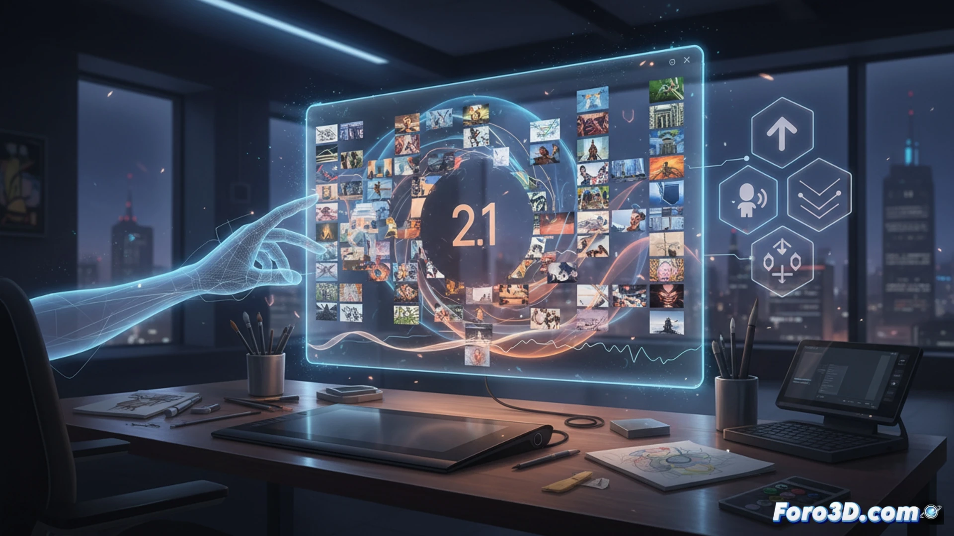 Un artista manipula un lienzo digital con múltiples imágenes de referencia, mostrando una interfaz optimizada y fluida.