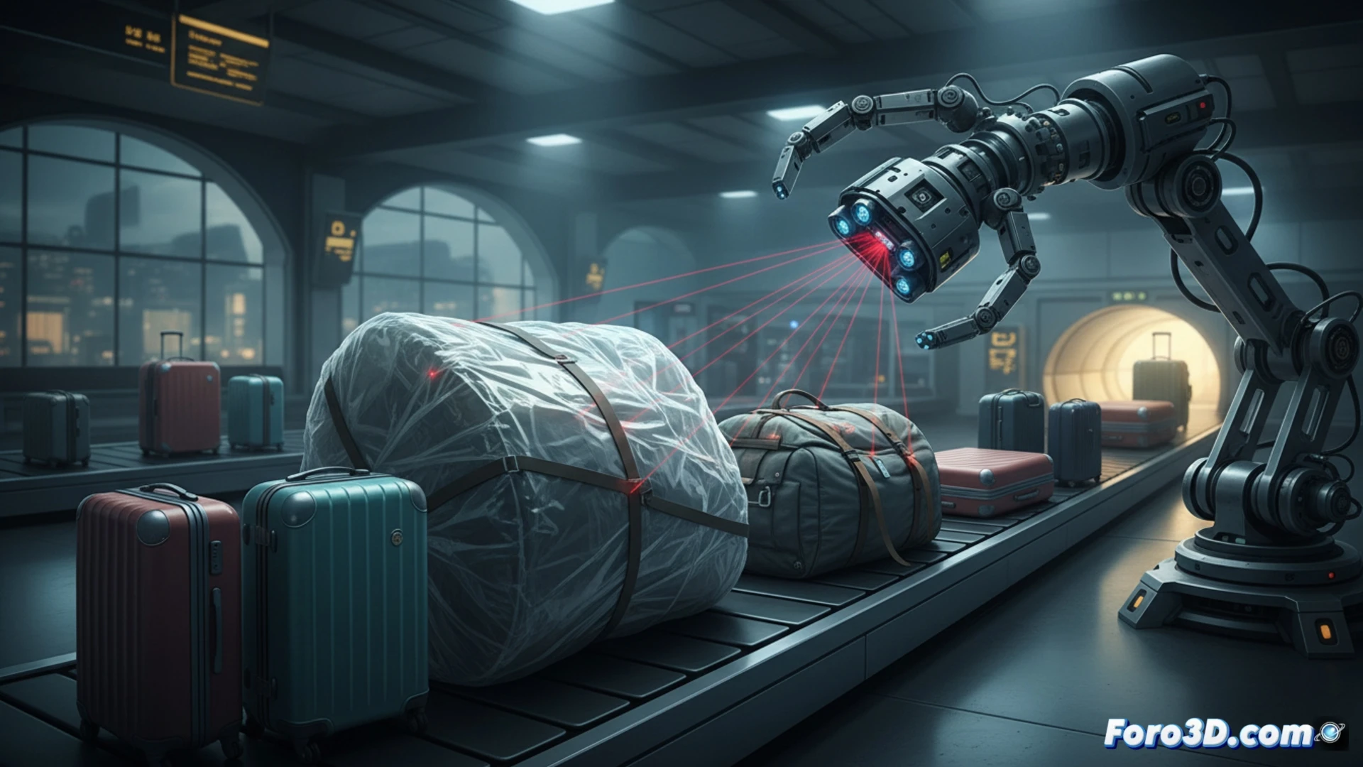 Una cinta transportadora de equipaje automatizada en un aeropuerto, con maletas estándar circulando y una bolsa de deporte deformable atascándose en un lateral, generando un cuello de botella.