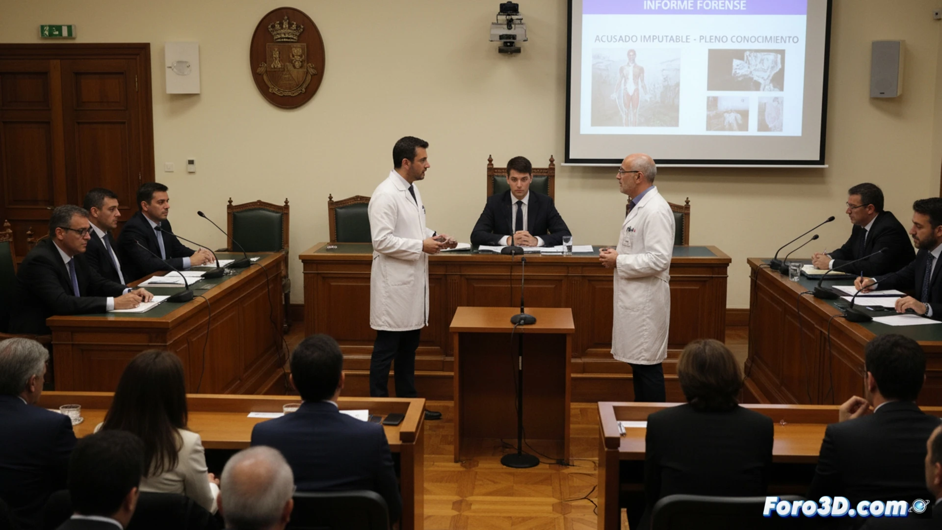 Imagen conceptual de una balanza de la justicia sobre un informe forense, con el foco en un término legal subrayado en rojo.