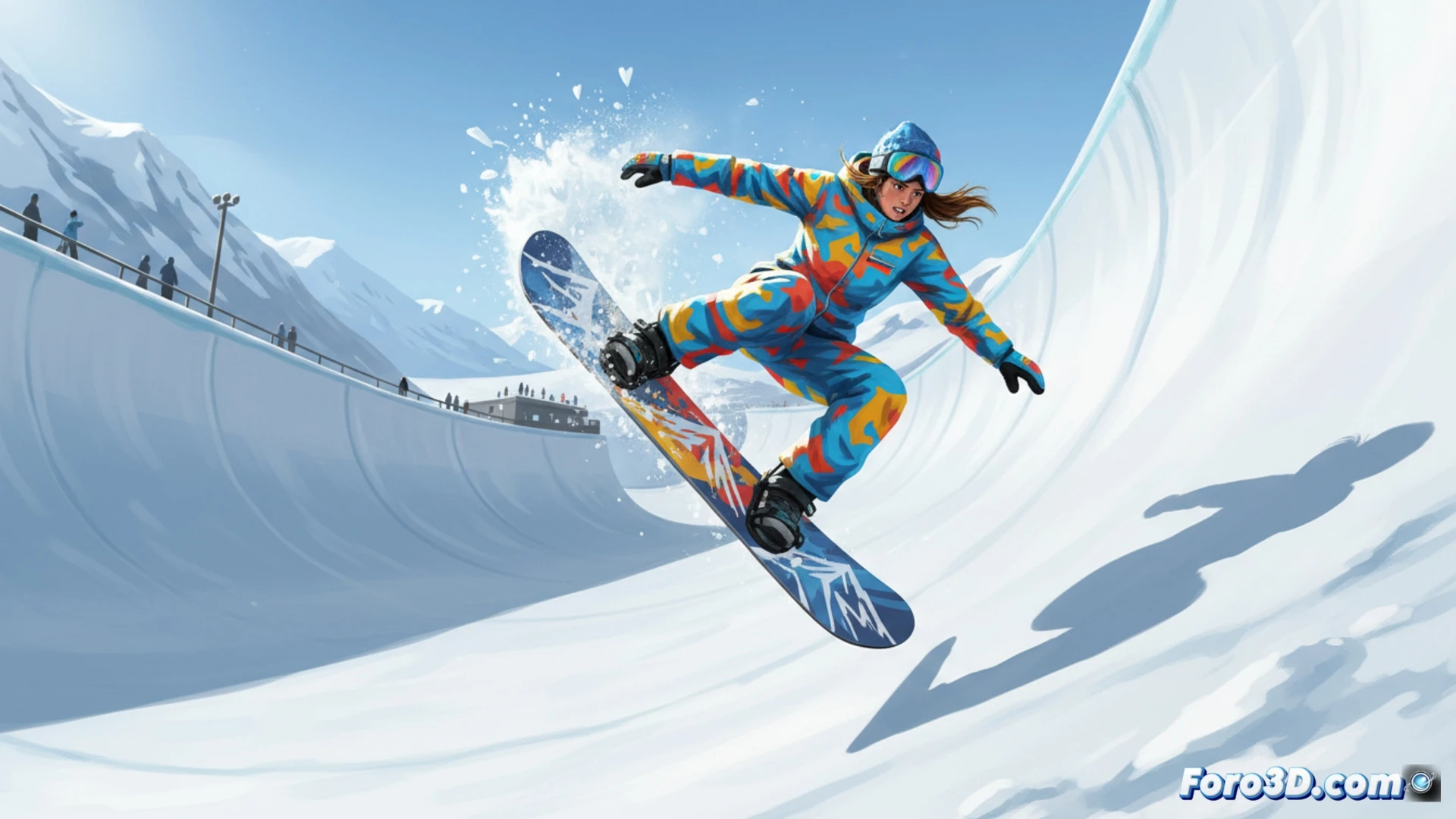 Queralt Castellet deslizándose en el halfpipe durante la clasificación olímpica, con el logo de Milán-Cortina 2026 de fondo.